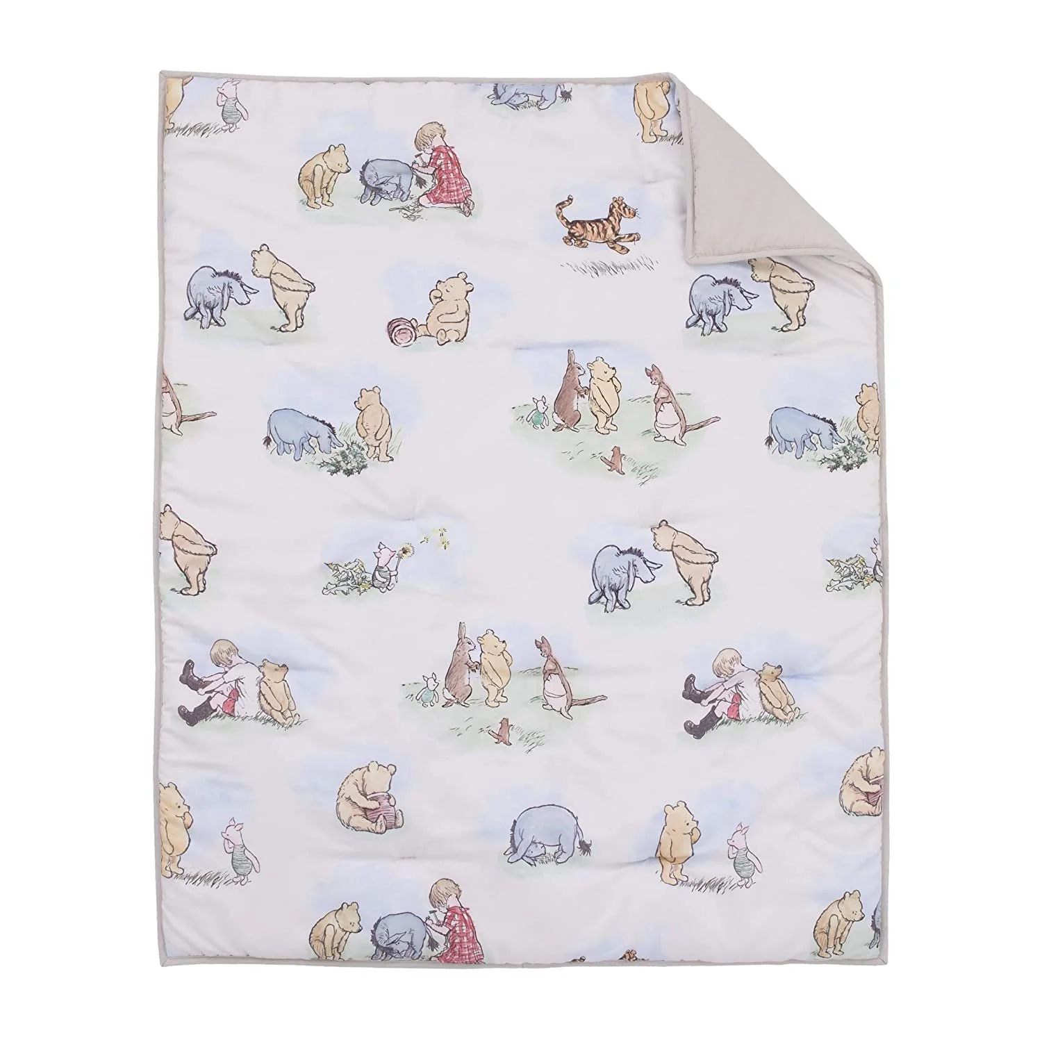 Disney Winnie The Pooh Classic Storybook 6 Piece Nursery Crib Bedding Set, Ivory/Light Blue/Sage/Tan