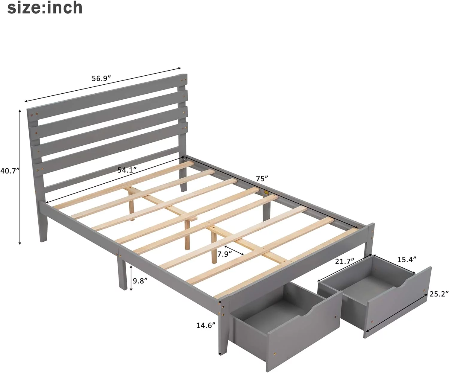 Full Bed Frame With Drawers,Wood Full Size Platform Bed Frame With Headboard, Full Storage Bed For Kids Girls Boys, o Box Sprig eeded, Grey