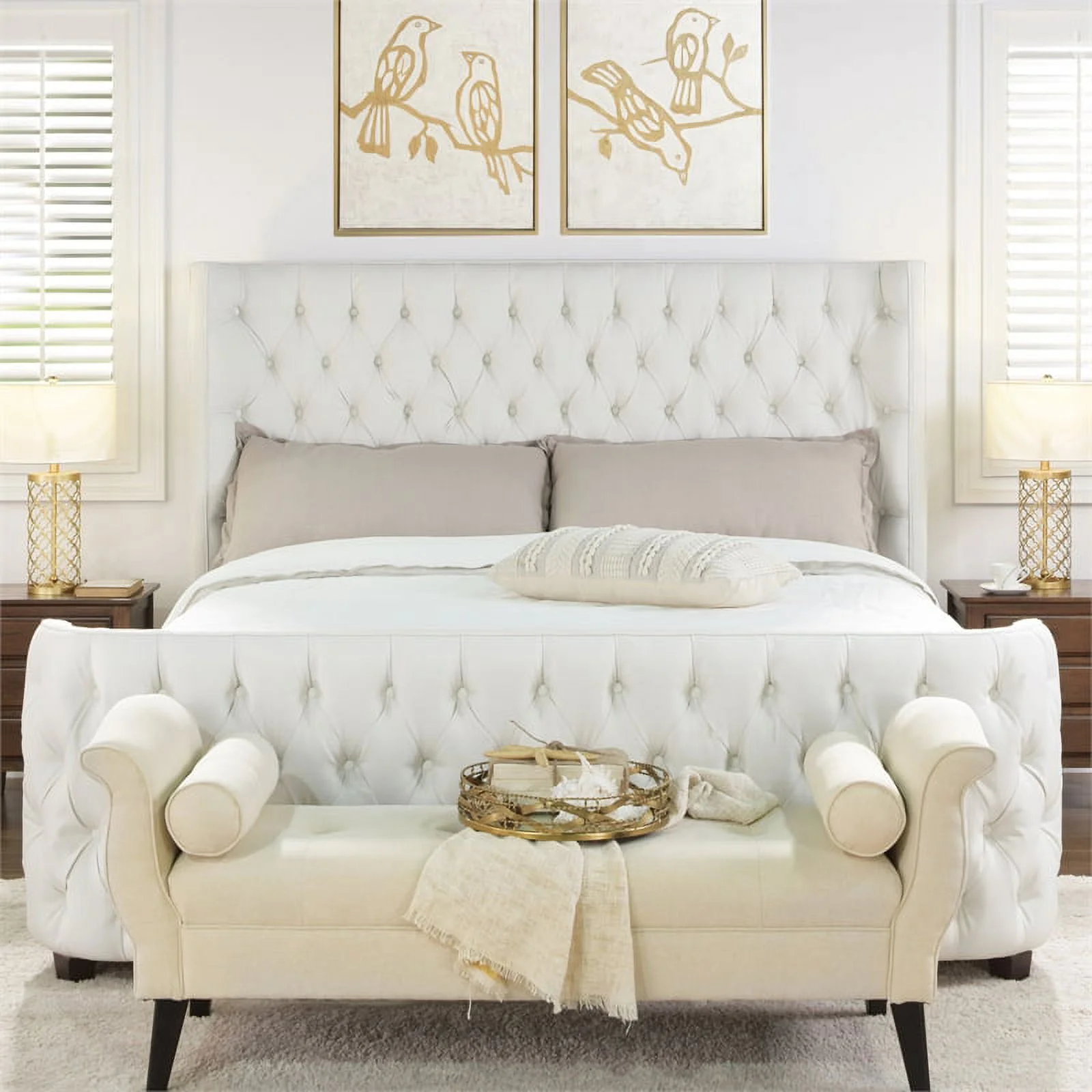 Maklaine Mid-Century King Tufted Hardwood Bed in Antique White