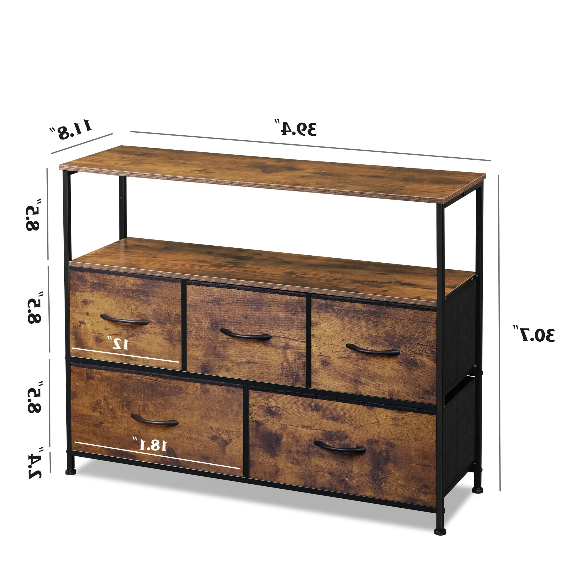 Dresser TV Stand, Entertainment Center with Fabric Drawers, Media Console Table with Open Shelves for TV up to 45 inch, Storage Drawer Unit for Bedroom, Living Room, Entryway, Rustic Brown