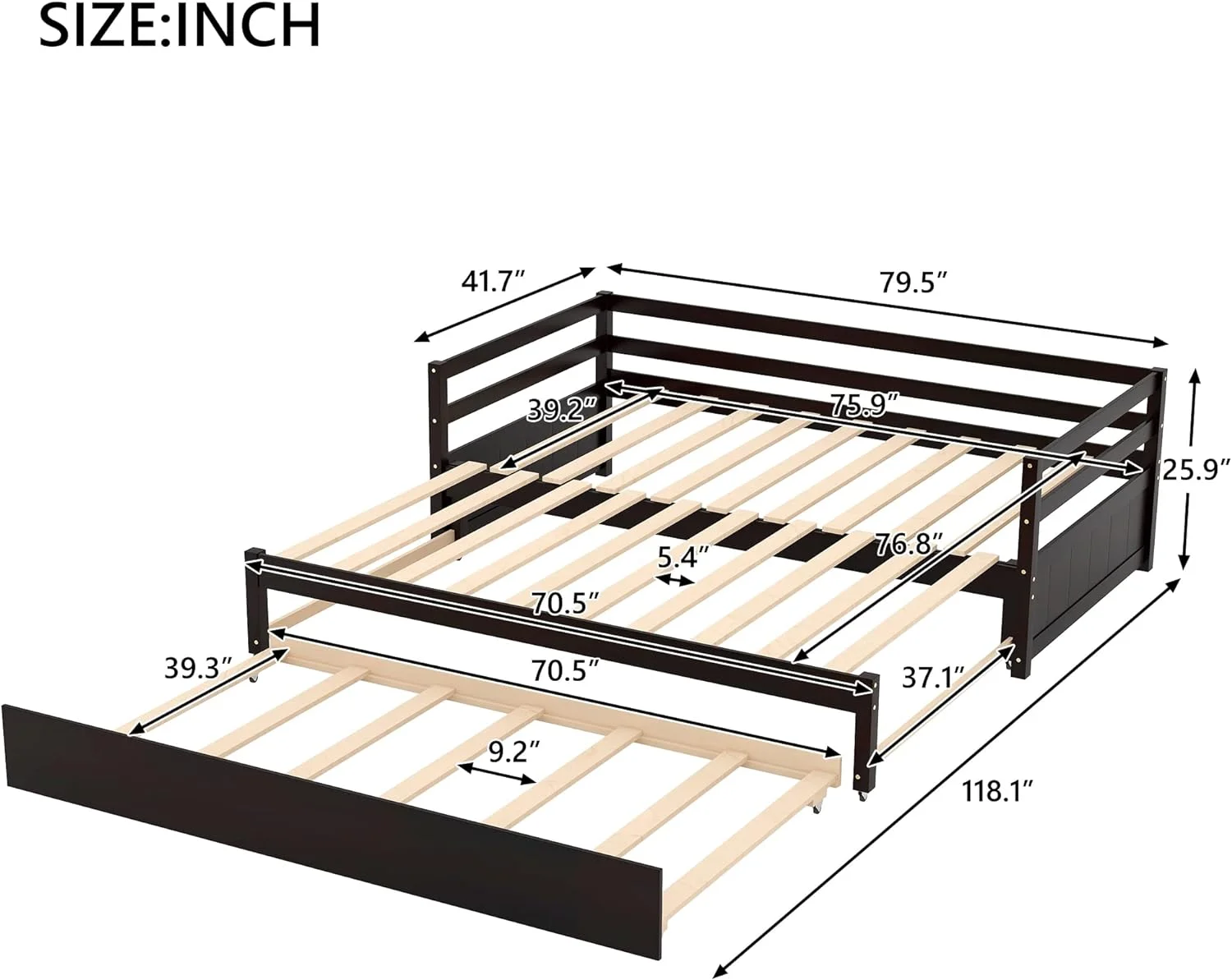 Exedable Daybed Wih rudle, Wood o Dble Pull rudle For Kids ees, Exedig Sofa Bed Livig Room, Bedroom, Gues Room,Espresso