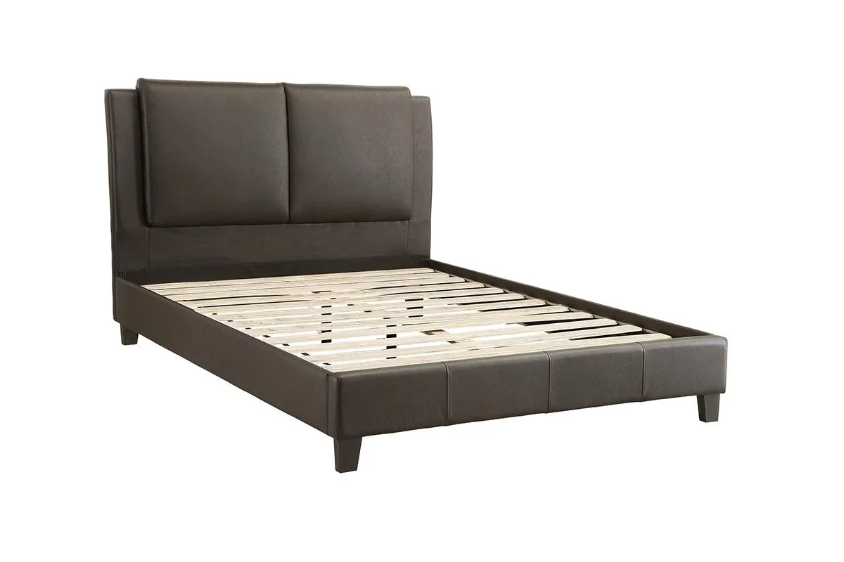 Dcenta Queen Size Bed 1pc Bed Set Brown Faux Leather Upholstered Two-Panel Bed Frame Headboard Bedroom Furniture