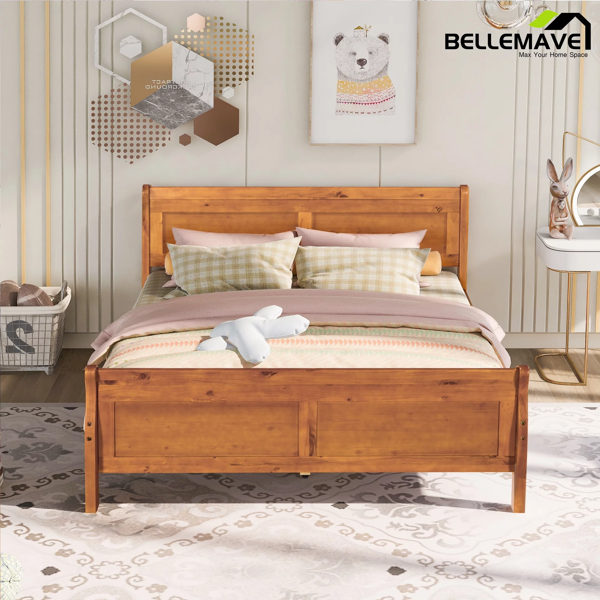 Queen Size Bed Frame with Headboard and Footboard, Kids Platform Bed Frame Queen Size, Modern Platform Bed Frame for Kids, Girls, Boys(Oak)