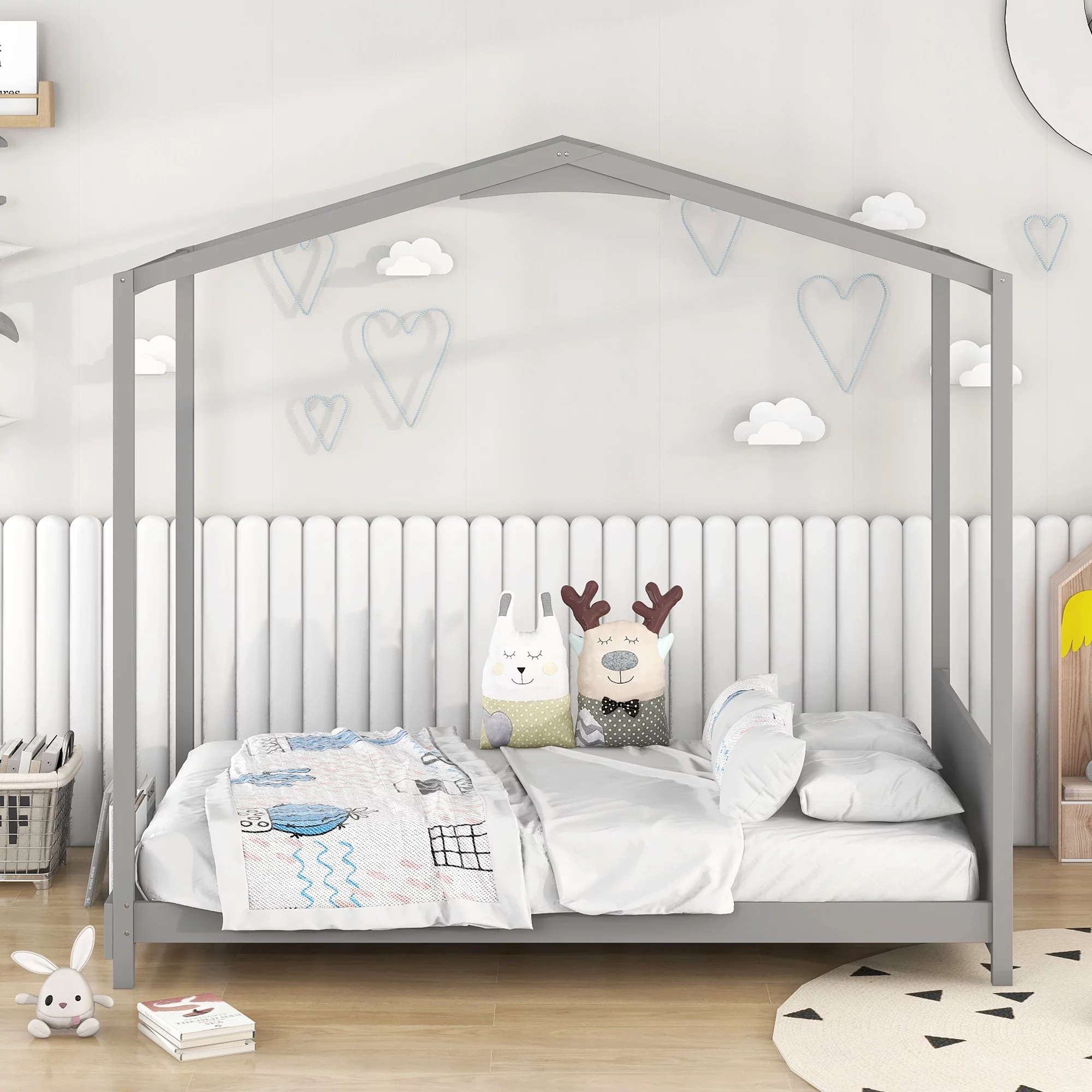 EUROCO  Wood Twin Size House Bed with Roof and Book Shelf for Kids, Gray