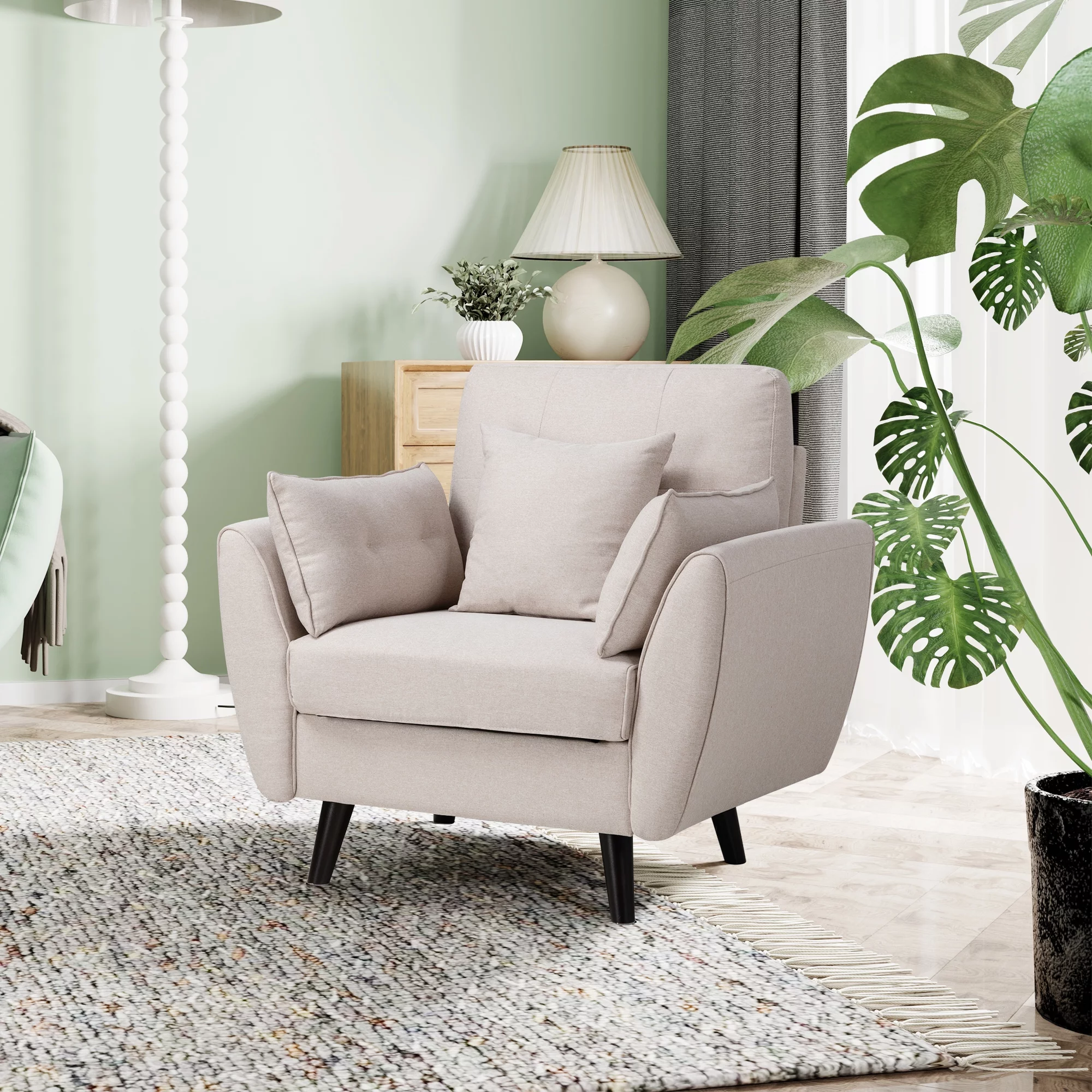 Walsunny Modern Single Sofa Chair, Upholstered Accent Chair with Pillow, Comfortable TV Armchair(Beige)