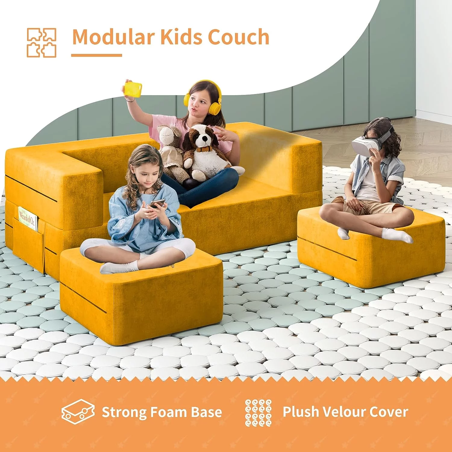 Wanan Kids Couch with Two Ottoman, Toddler Couch Sofa for Kids, Modular Kids Sofa Couch with Washable Covers, Play Couch Foldable Loveseat, Kids Fold Out Couch Lounger (Yellow)