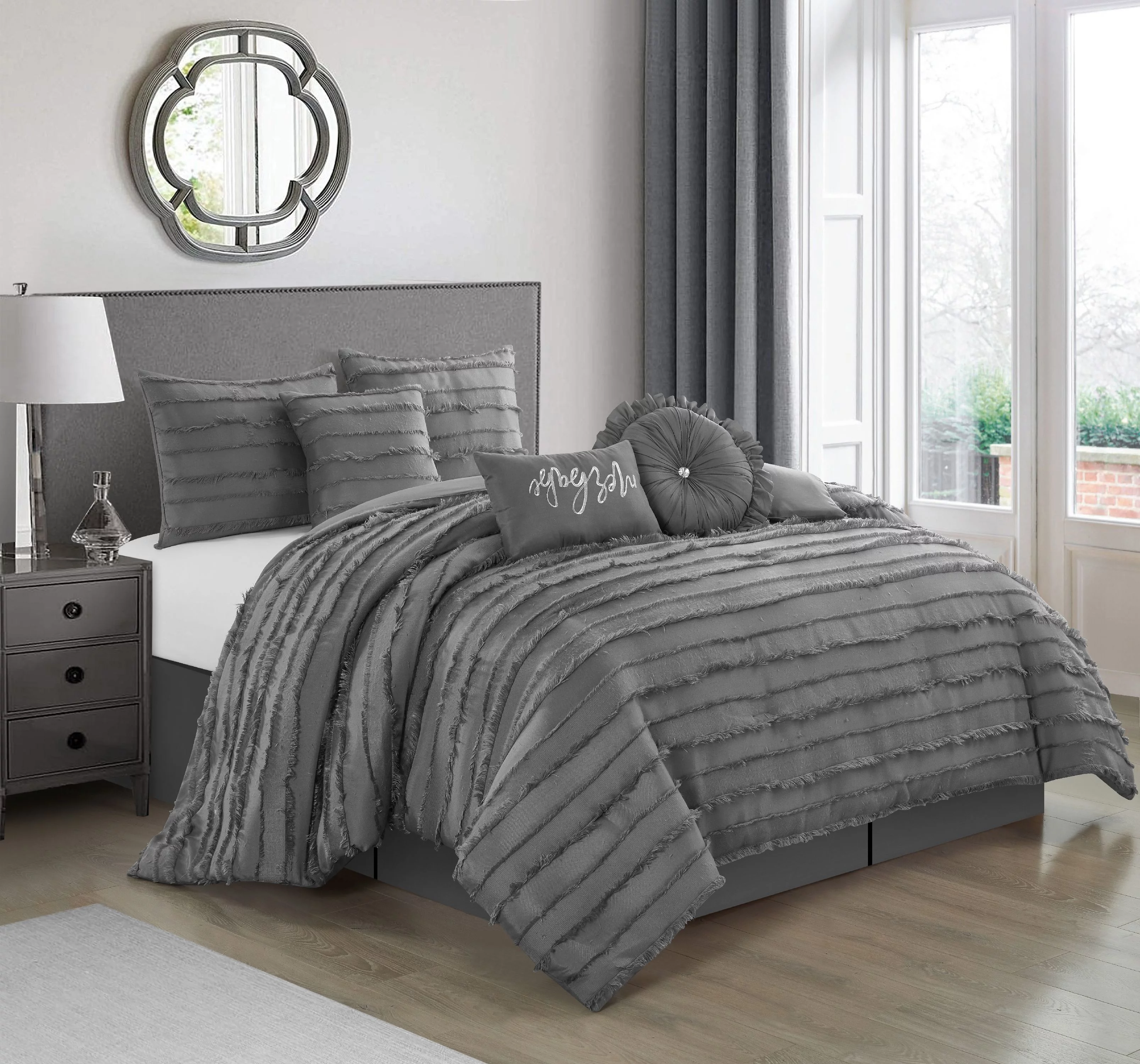 Lanco Merbabe Beach Lifestyle Solid 7-Piece Reversible Bedroom Bedding Comforter Set, Bed Size King, Grey, 100% Polyester Fill