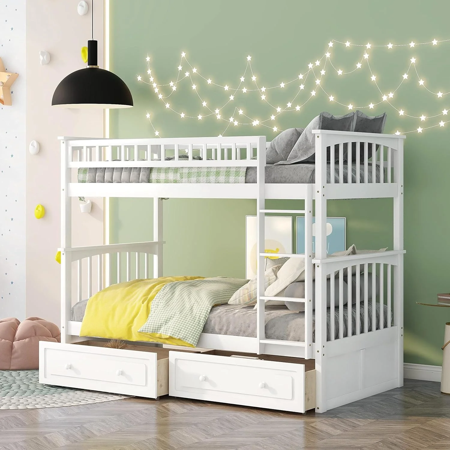 Kids Bunk Beds With 2 Drawers, Solid Wood Convertible Two Size Daybeds, Over Teens Bedroom Bed, Frame With Ladder, Safety Rail For Teens Adults (White)
