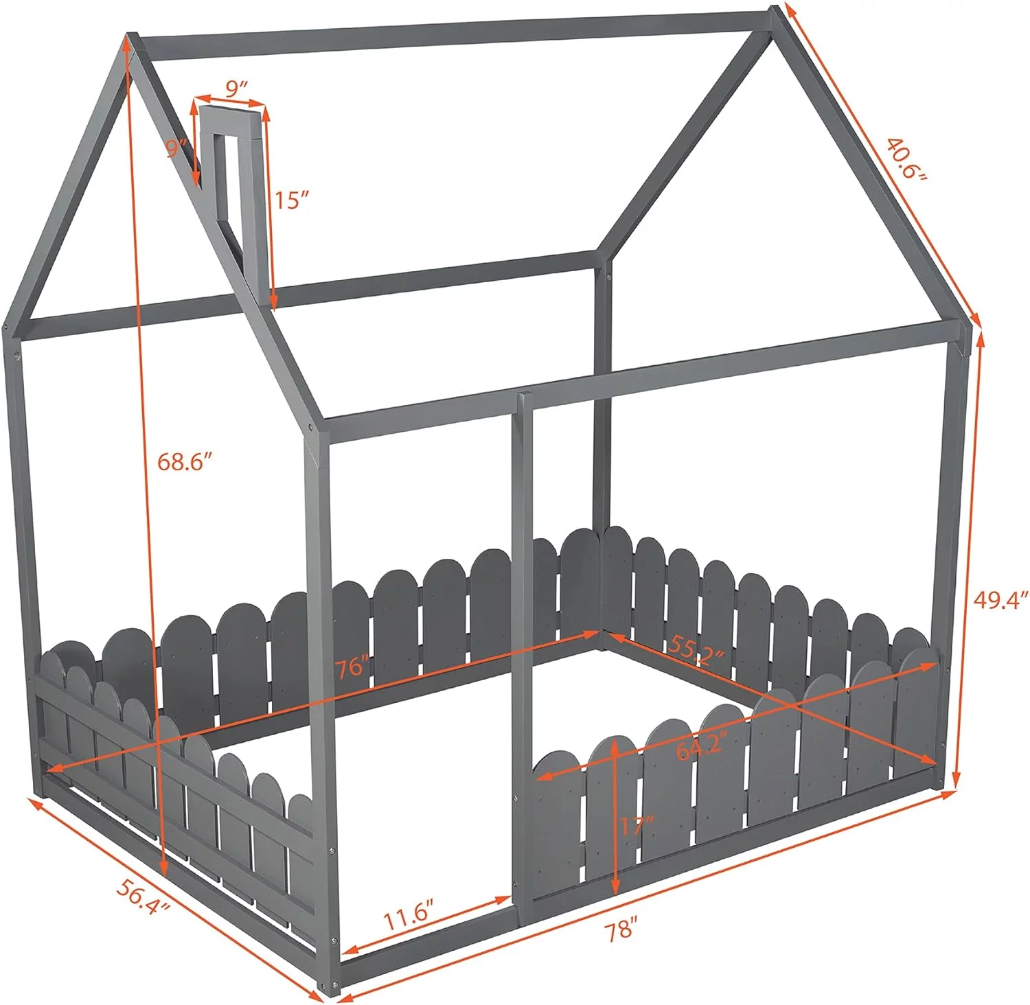 Full Size Bed House Bed, Motessori Beds Frame With Fece, Kids Wood Floor Cottage Beds, Playhouse Bed Frame For Girls Boys Tees, Box Sprig eeded, Grey