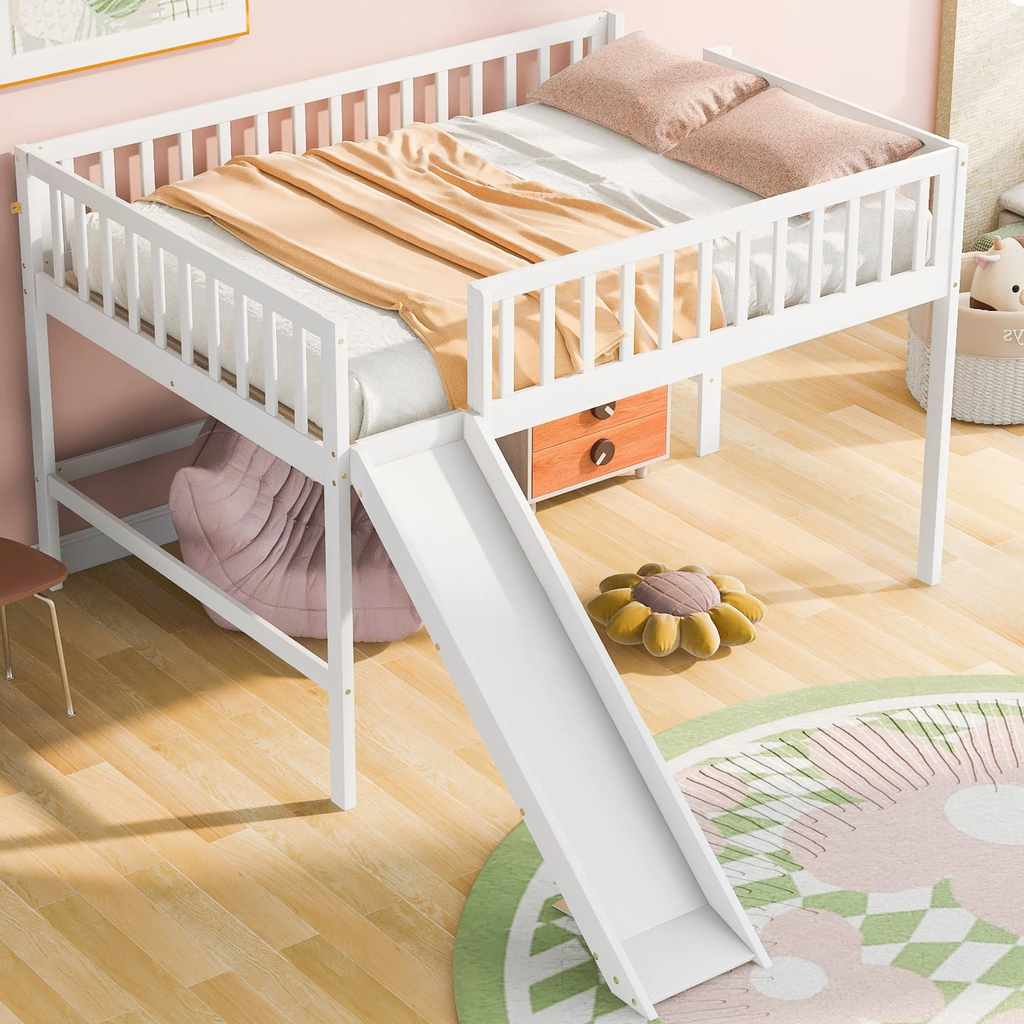 Full Size Low Loft Bed with Ladder and Smooth Slide, Sturdy Wooden Loftbed Frame with Ladder & Safety Guardrail for Teens Bedroom, Space Saving Design