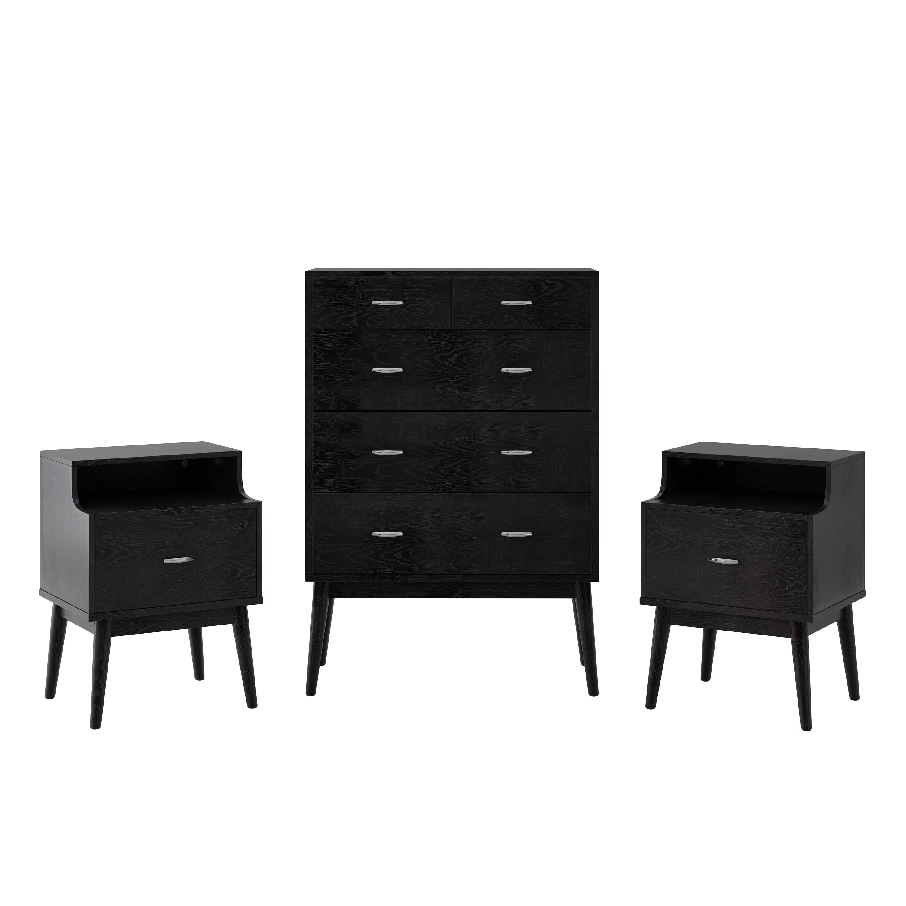 GDF Studio Wilbur Mid Century Wooden 3 Piece 5 Drawer Dresser and Nightstand Bedroom Set, Black