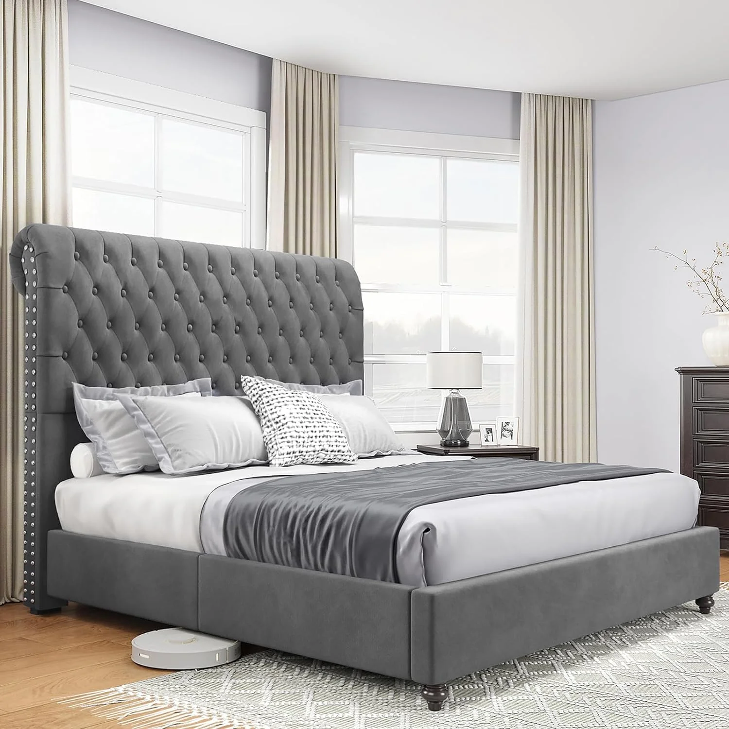 Jocisland Upholstered Queen Bed Frame with Headboard Sleigh PlatformTufted Bed/Dark Gray