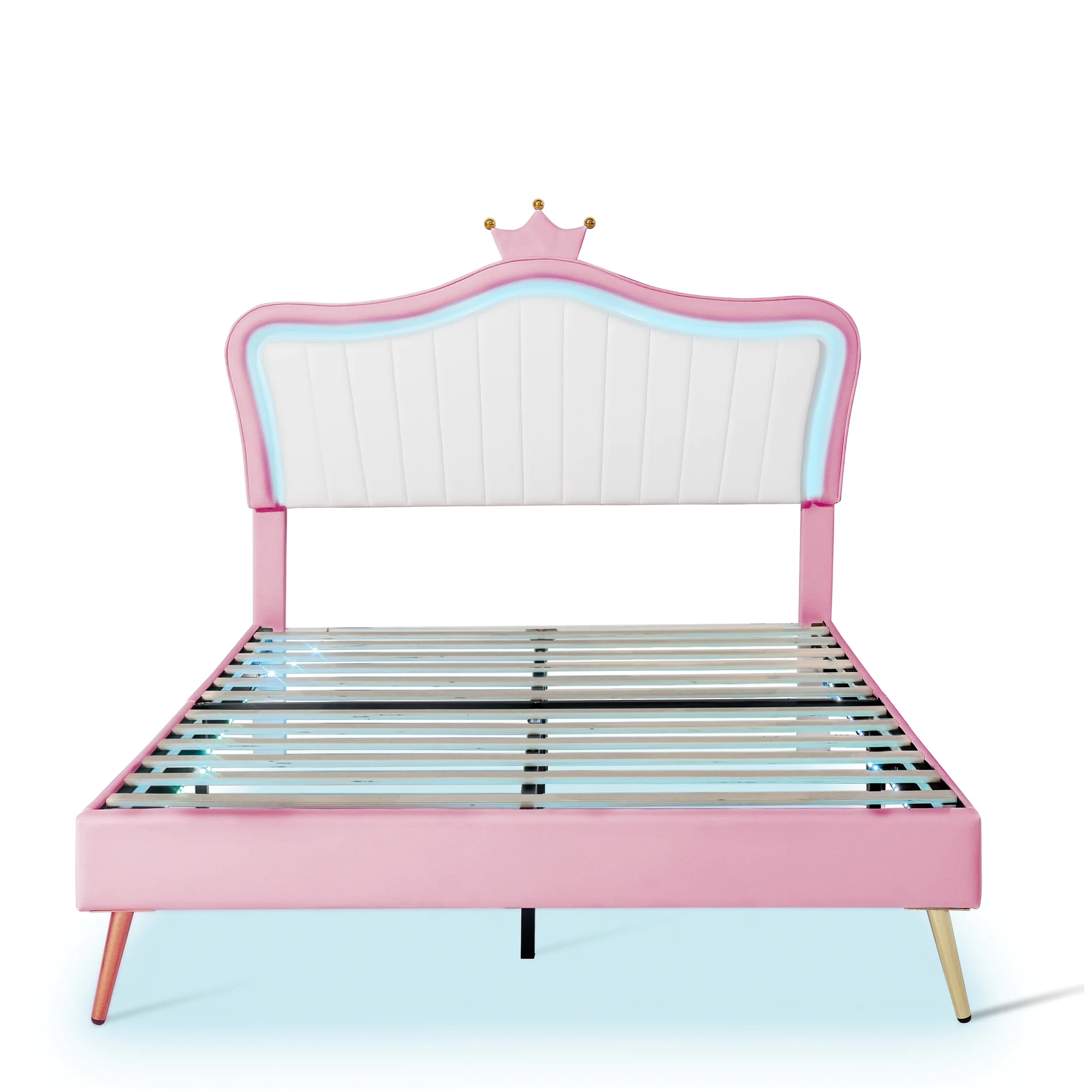 uhomepro Upholstered Platform Bed Frame with LED Lights, Queen Size Bed Frame with Upholstered Crown Headboard, Wood Slat Support, No Box Spring Needed, White Pink