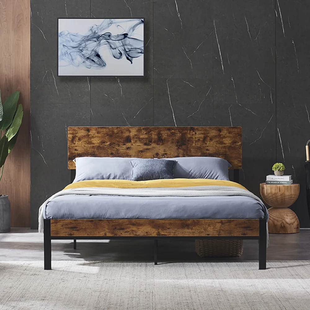 SYNGAR Black King Size Bed Frame with Wooden Industrial Headboard and Footboard, Steel Platform Bed Frame King Metal Bed Mattress Foundation with 530LBS Capacity, No Box Spring Needed, Noise Free