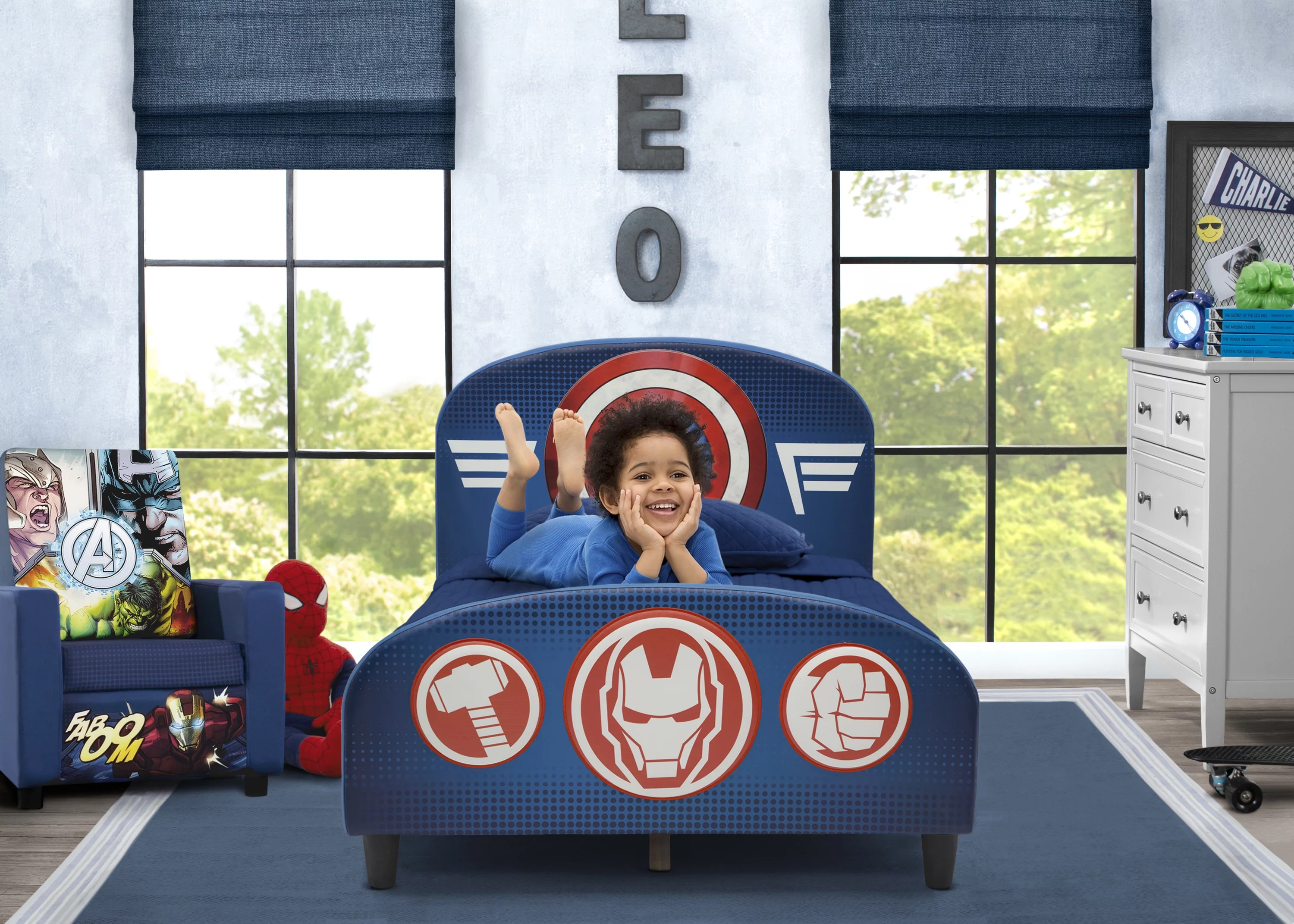 Delta Children Marvel Avengers Upholstered Twin Bed, with Thor, Iron Man, Hulk, & Captain America