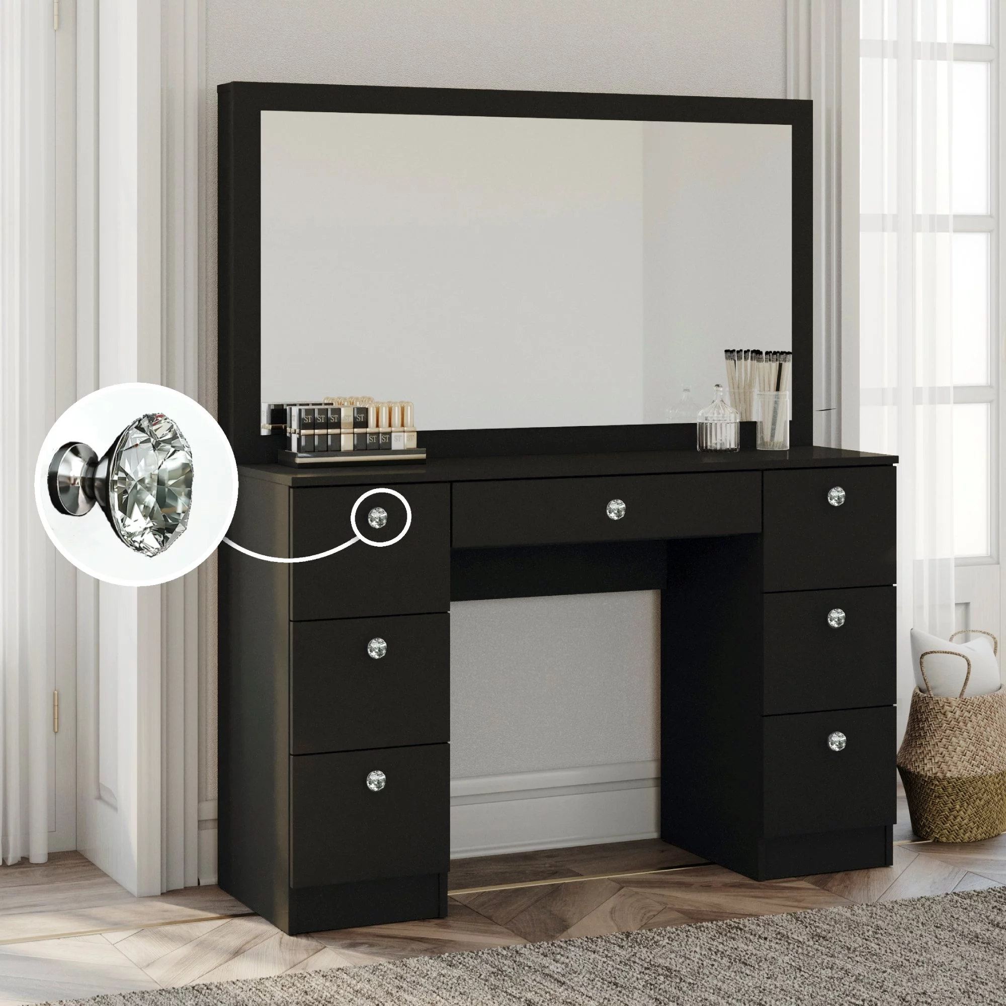 Boahaus Artemisia Modern Black Painted Makeup Vanity Table with Crystal Knobs, for Bedroom