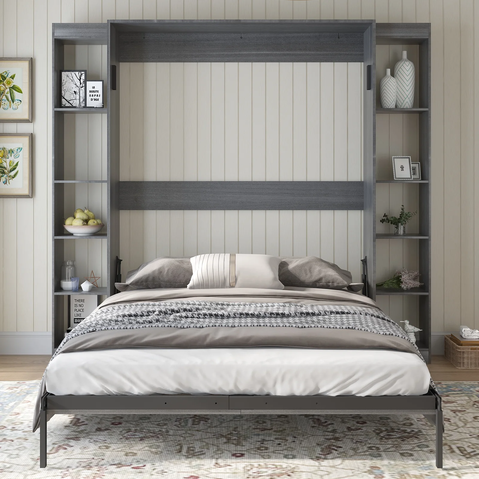 MUZZ Foldable Murphy Bed with 2 Sides Cabinet, Folding Wall Bed with Space Saving Design, Fold up Murphy Bed Cabinet for Storage, Multipurpose Cabinet Bed for Bedroom/Apartment (Style5+2,Dark Grey)