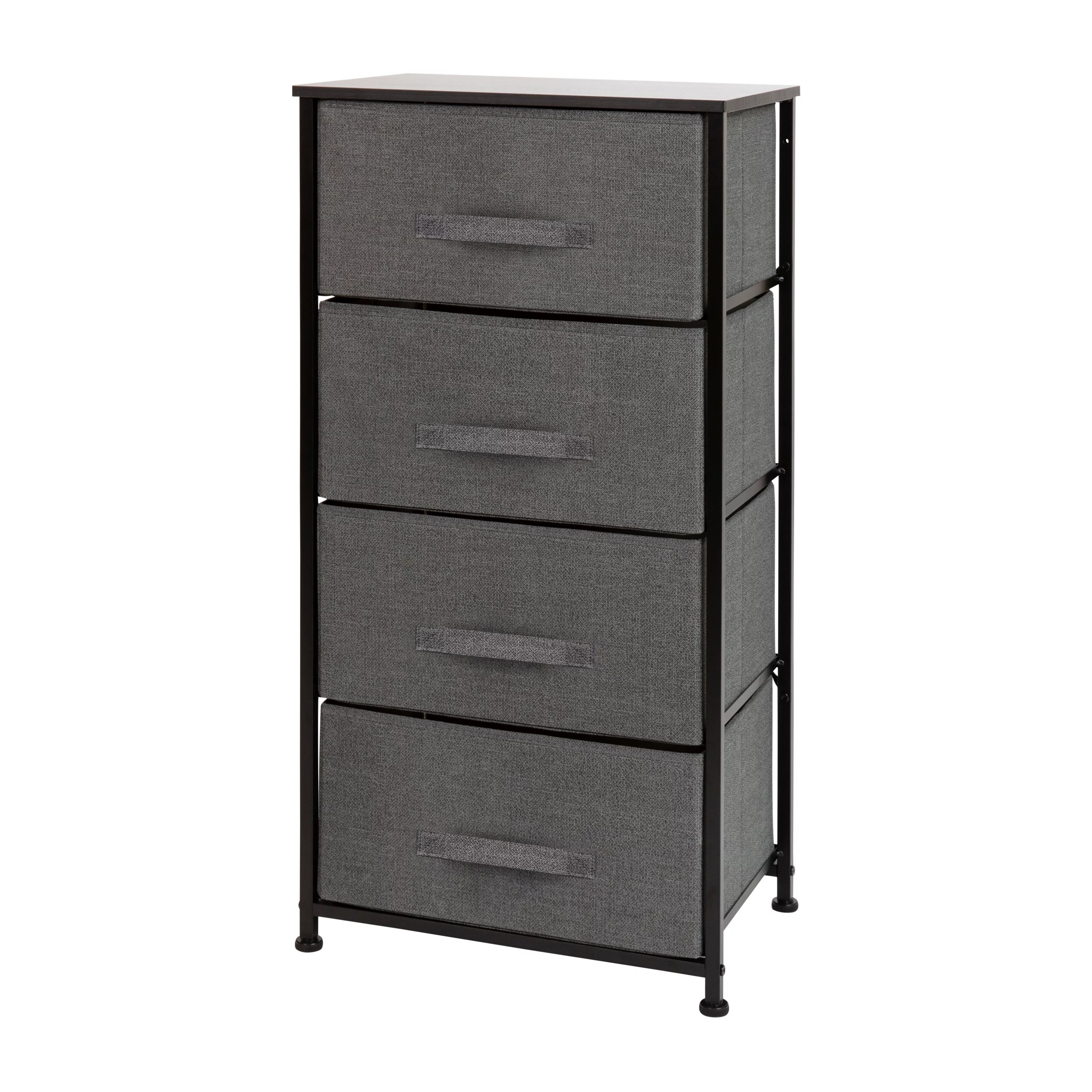 BizChair 4 Drawer Wood Top Black Cast Iron Frame Vertical Storage Dresser with Dark Gray Easy Pull Fabric Drawers
