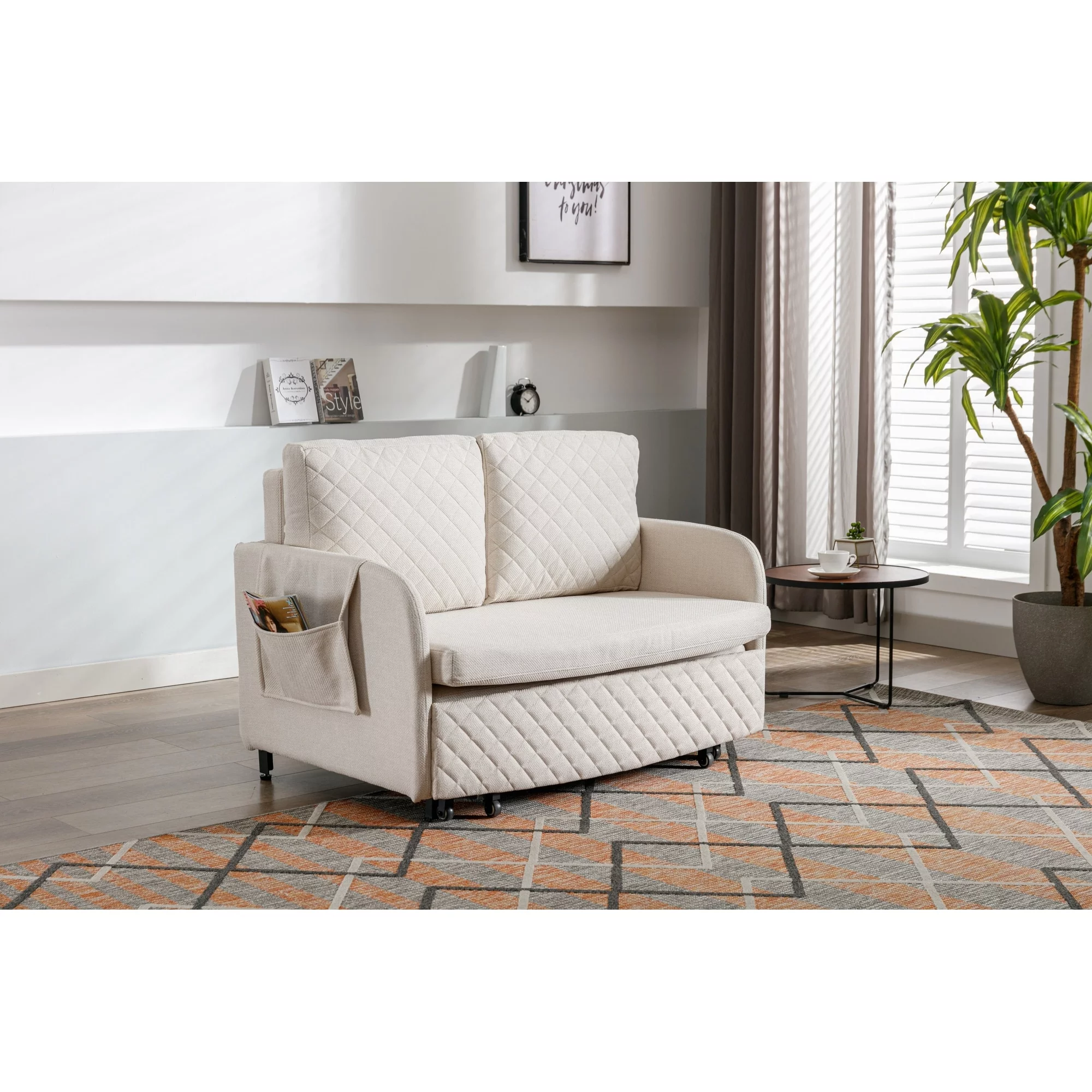 HOMEFUN Linen/PU Loveseat Convertible Storage Sleeper Sofa Bed with Headboard Beige+Linen