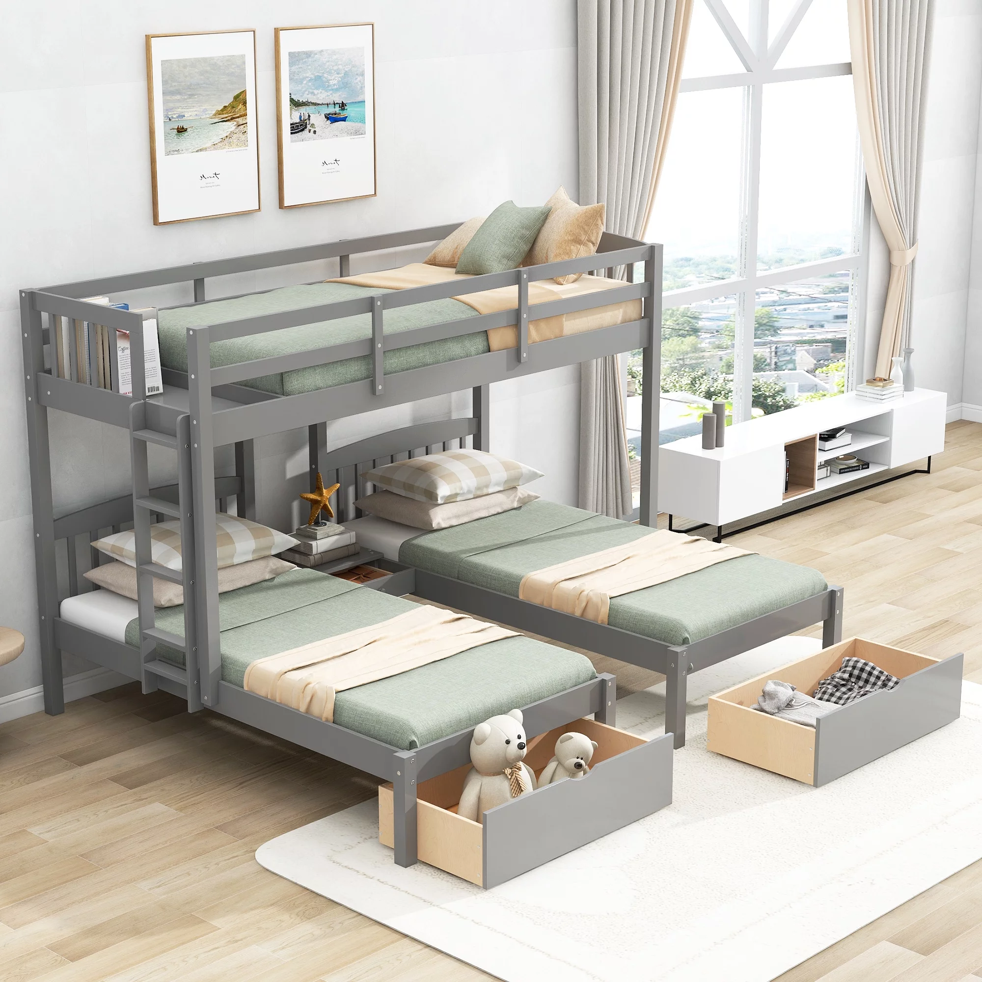 Wood Twin over Twin & Twin Triple Bunk Bed with 2 Storage Drawers and Built-In Nightstand, Bunk Bed for 3 Kids, Boys & Girls (Gray)