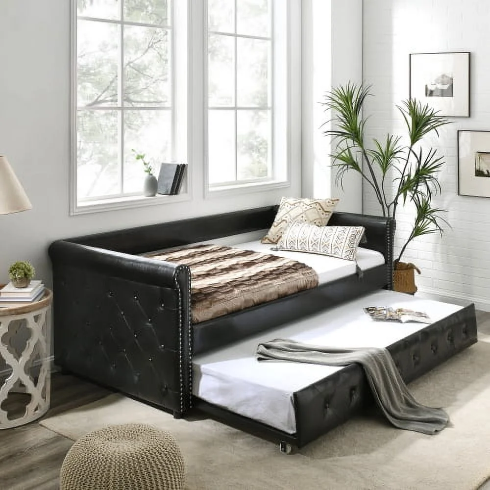 Ucloveria Daybed with Trundle Upholstered Tufted Sofa Bed, with Button and Copper Nail on Arms Both Twin Size, PU Black