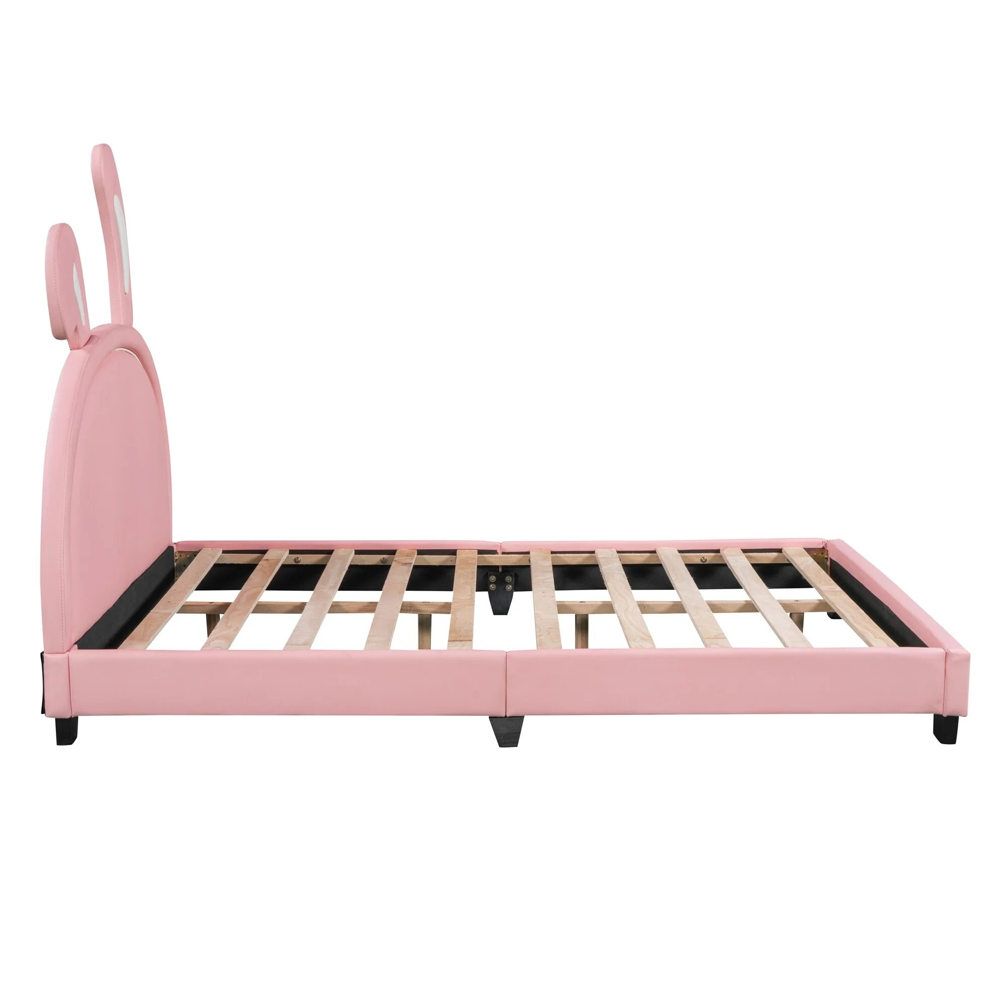 Upholstered Daybed Frame for Kids, Leather Platform Bed with Bunny Ears Headboard, Wood Platform Bed Frame with Rabbit Ornament Pink - Full
