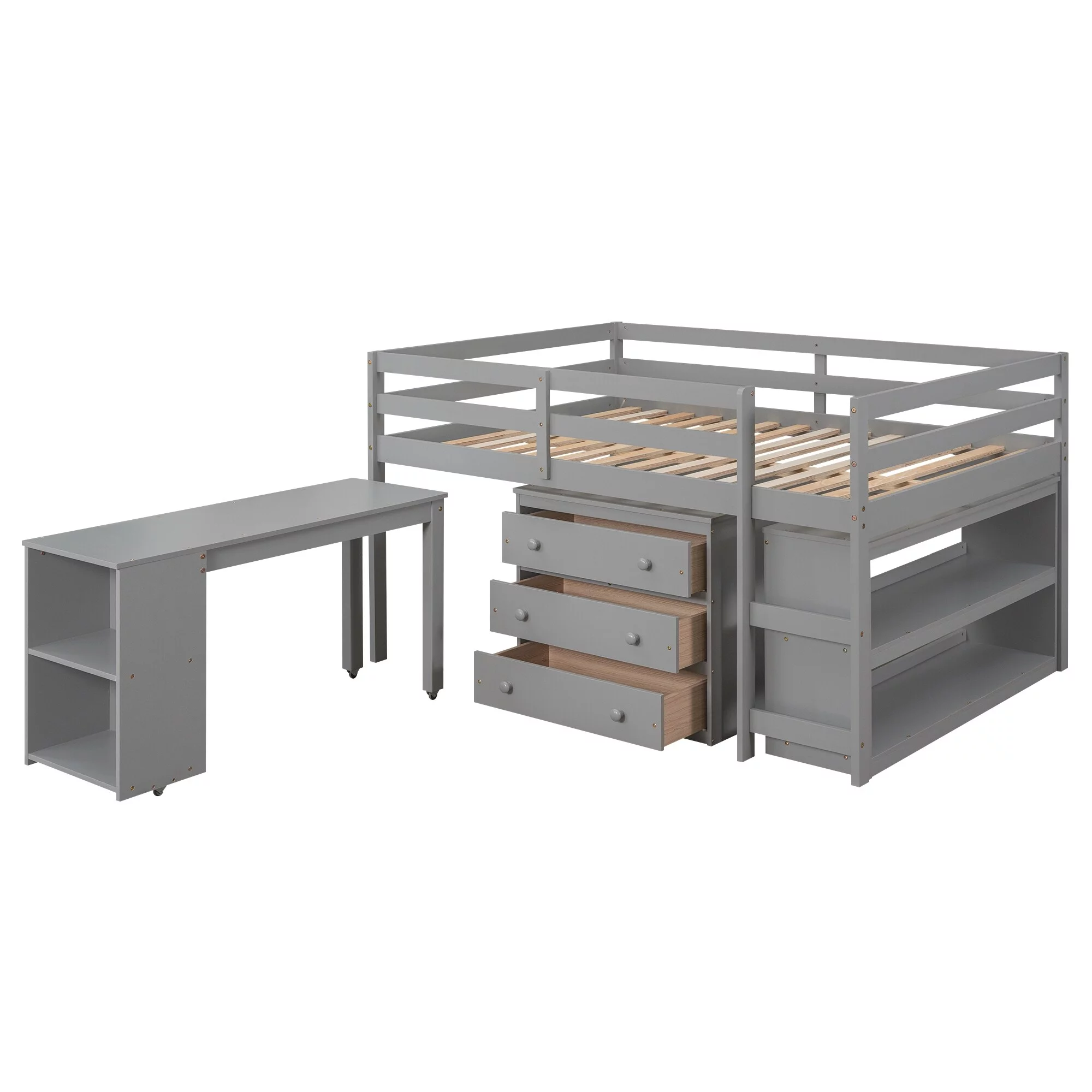 Gray Low Study Full Loft Bed with Cabinet, Shelves, and Rolling Portable Desk - Multifunctional Style
