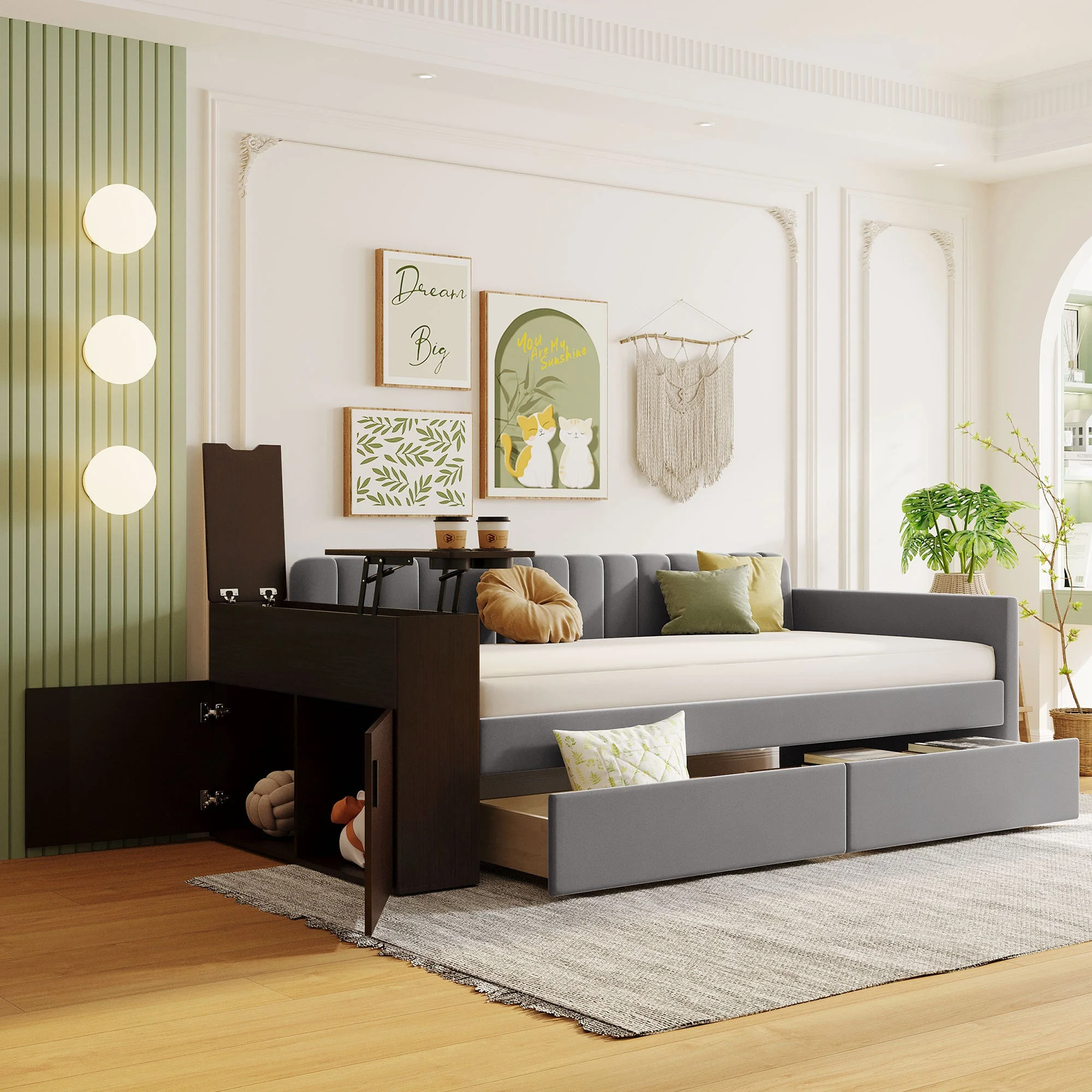 Jovi Twin Size Upholstered Daybed with Storage Armrest and Drawers - Gray