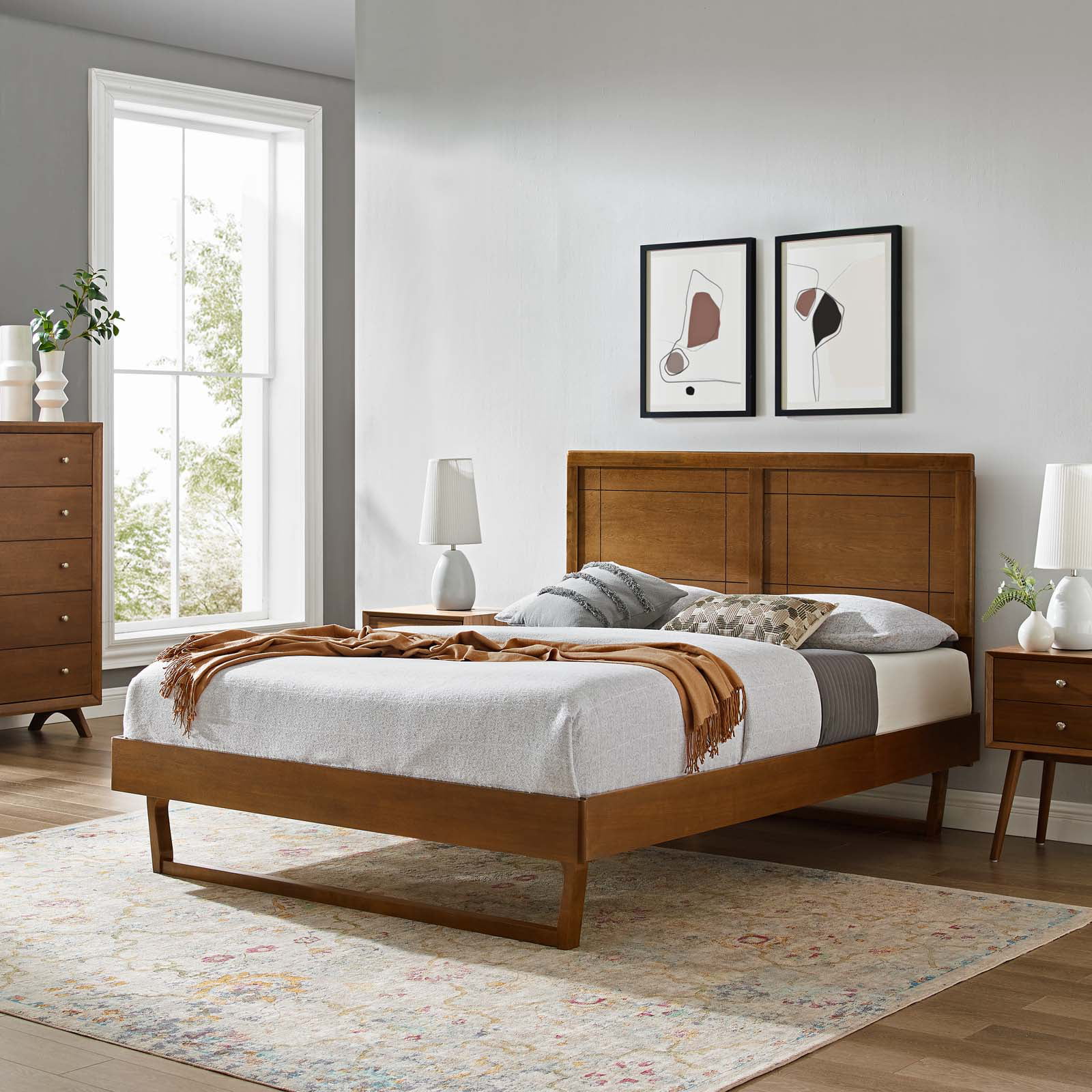 Platform Bed Frame, King Size, Wood, Brown Walnut, Modern Contemporary Urban Design, Bedroom Master Guest Suite
