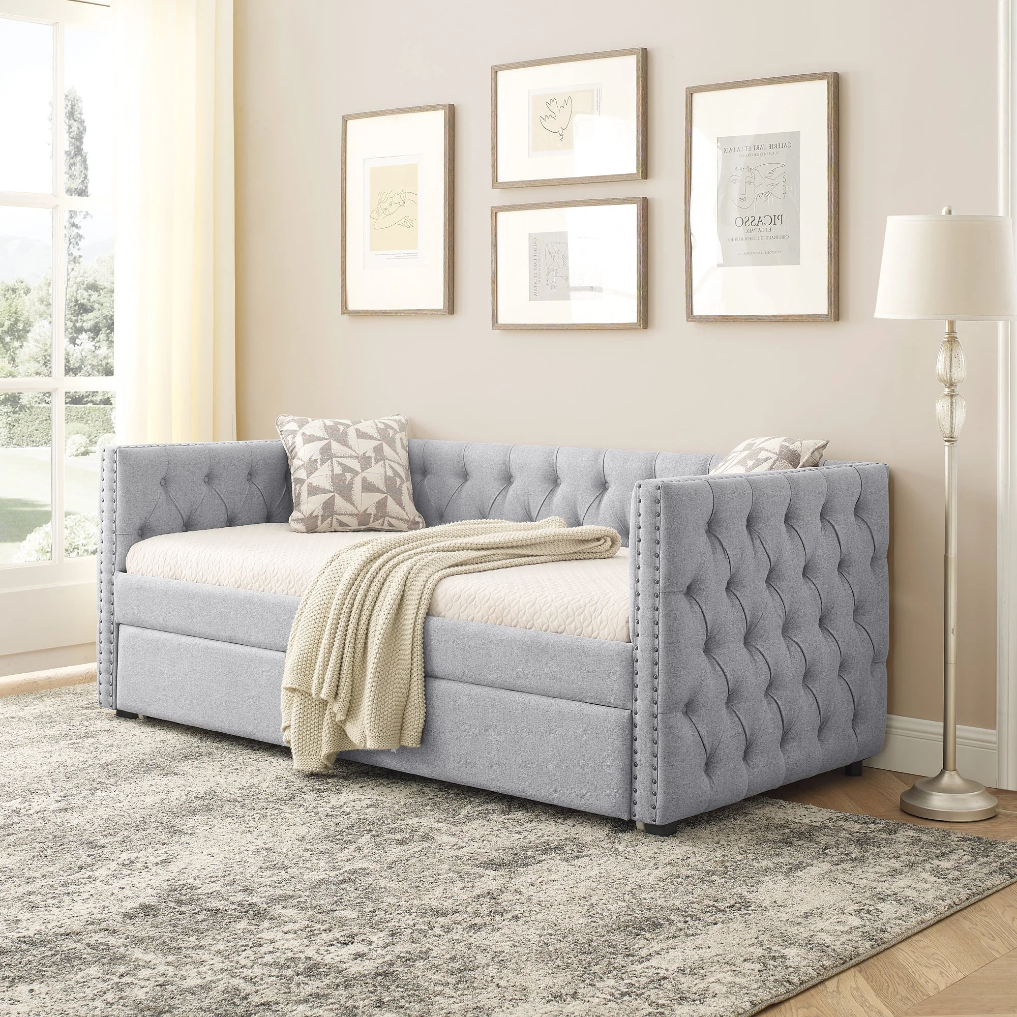 Demi Twin Size Upholstered Daybed with Twin Size Trundle - Gray