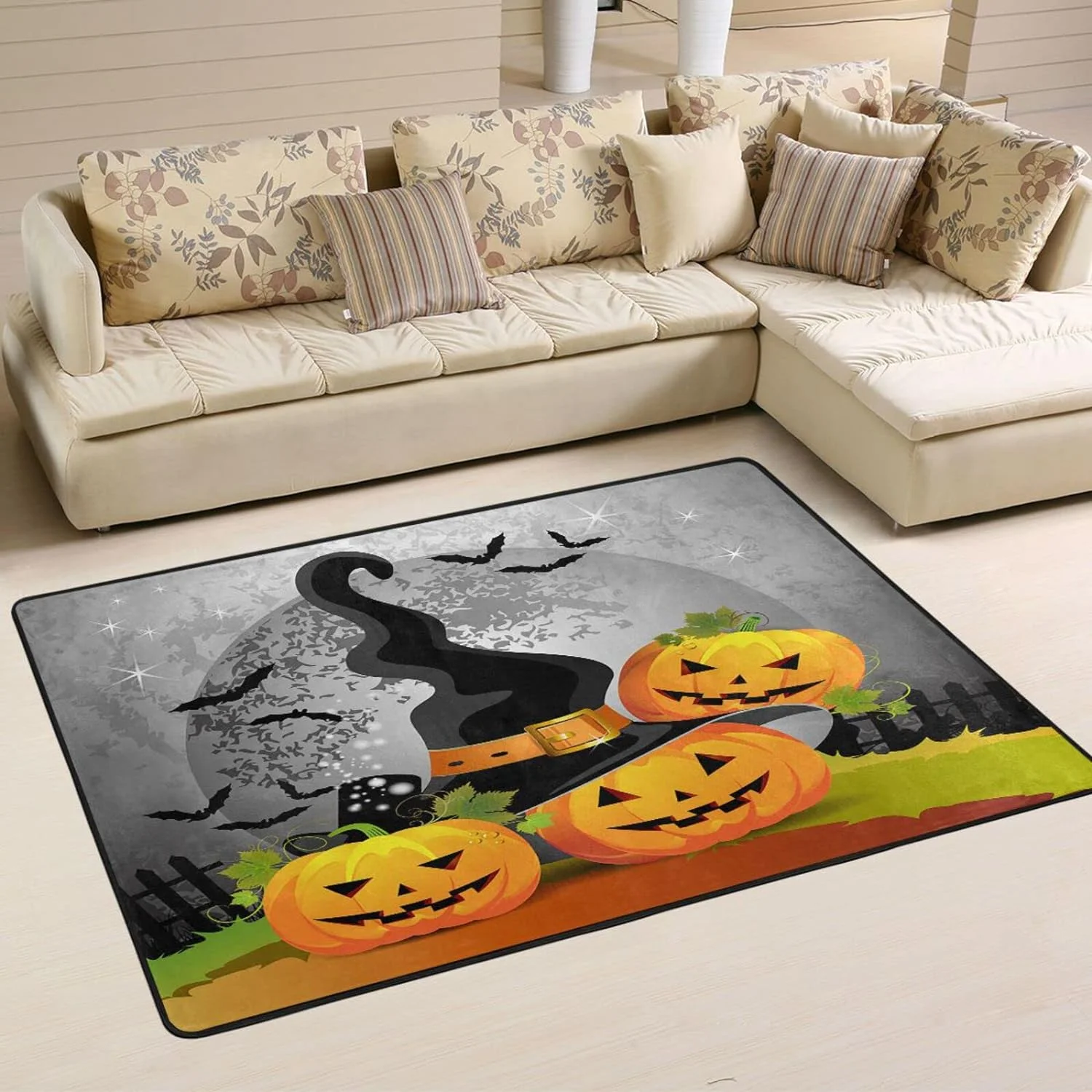 SKYSONIC 72×48in Halloween Pumpkins Area Rug, Full Moon Bats Non-Slip Floor Carpet Comfort Floor Mats Decor for Indoor Living Dining Room and Bedroom Area
