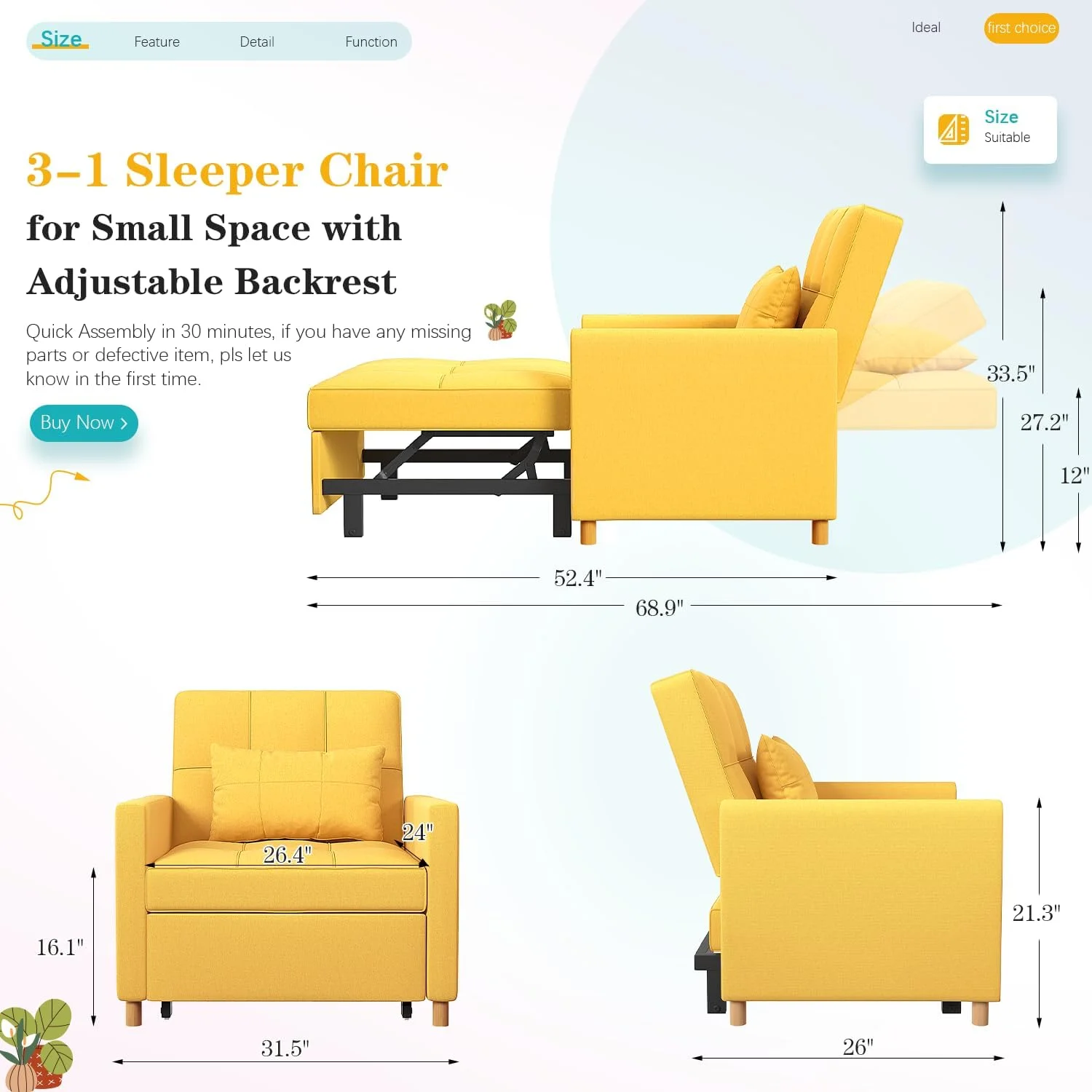 Sleeper Sofa Chair, 3 in 1 Sleeper Chairs for Adults, Pull Out Chair Bed Sleeper with Extra Pillow and Multi-Functional Fold Out Chair Bed for Small Space (Luminous Yellow)