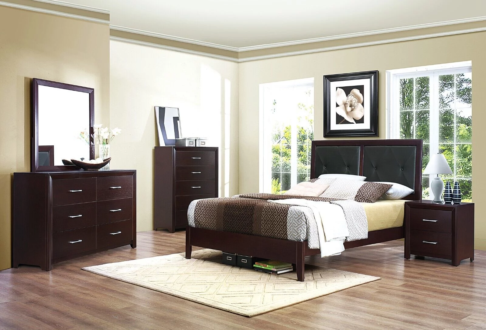 Contempoarary Style Bedroom 4pc Set Eastern King Bed Nightstand Dresser Mirror Espresso Finish Furniture