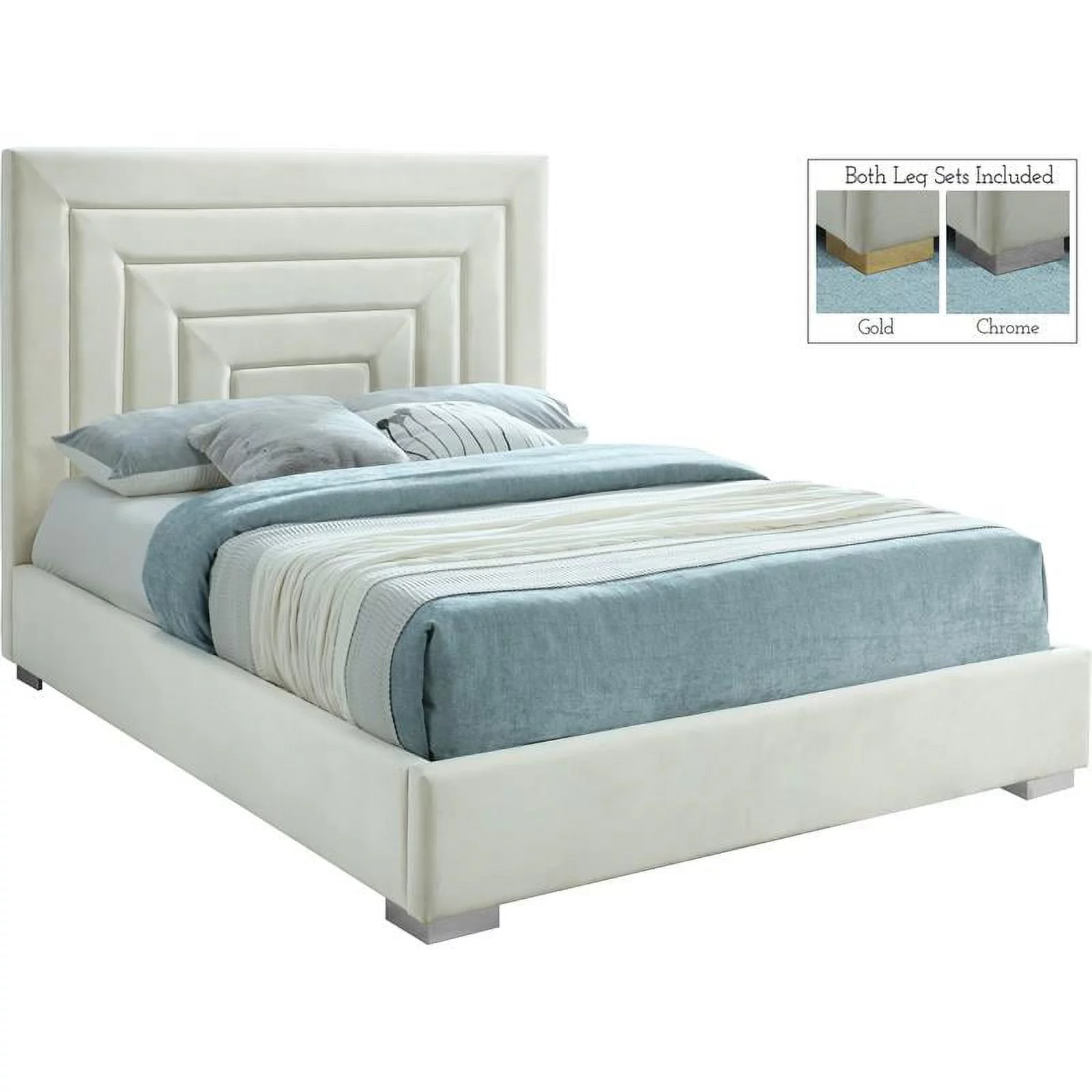 Meridian Furniture Nora Cream Velvet Queen Bed with Gold/Chrome Legs Included