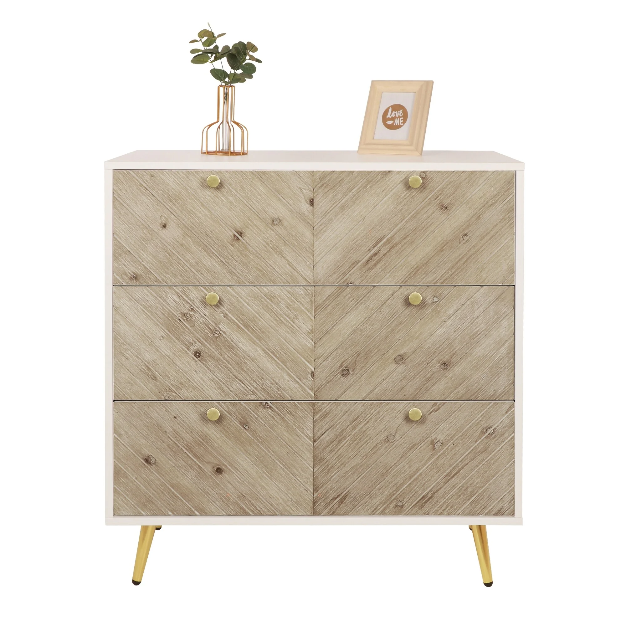 Anmytek Modern 3-Drawer Dresser Herringbone Bedroom Dresser Chest of Drawer with Gold Legs