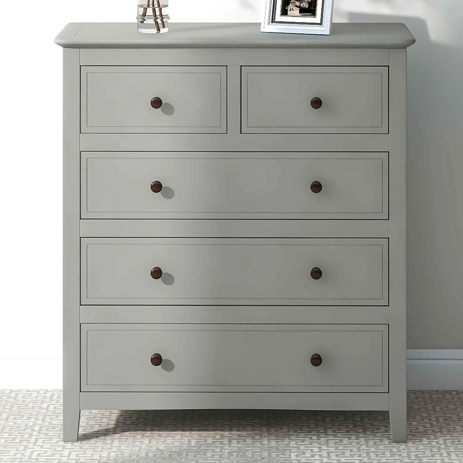 Modern 5 Drawers Dresser For Bedroom, Solid Wood Chest Of Drawers With Hooded Pulls, Storage Cabinet With Tapered Wood Legs For Living Room Hallway Entryway,Gray