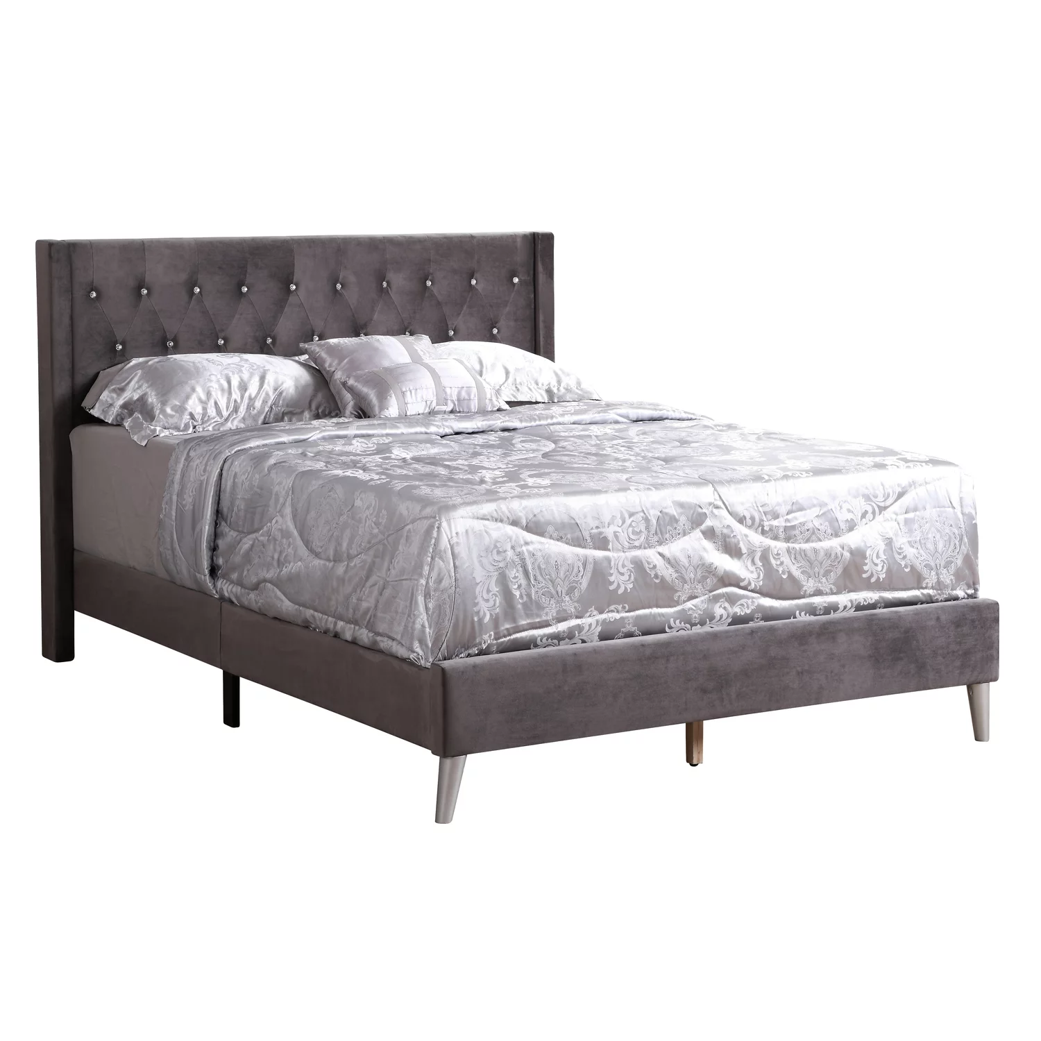 Glory Furniture Bergen Velvet Upholstered Queen Bed in Gray