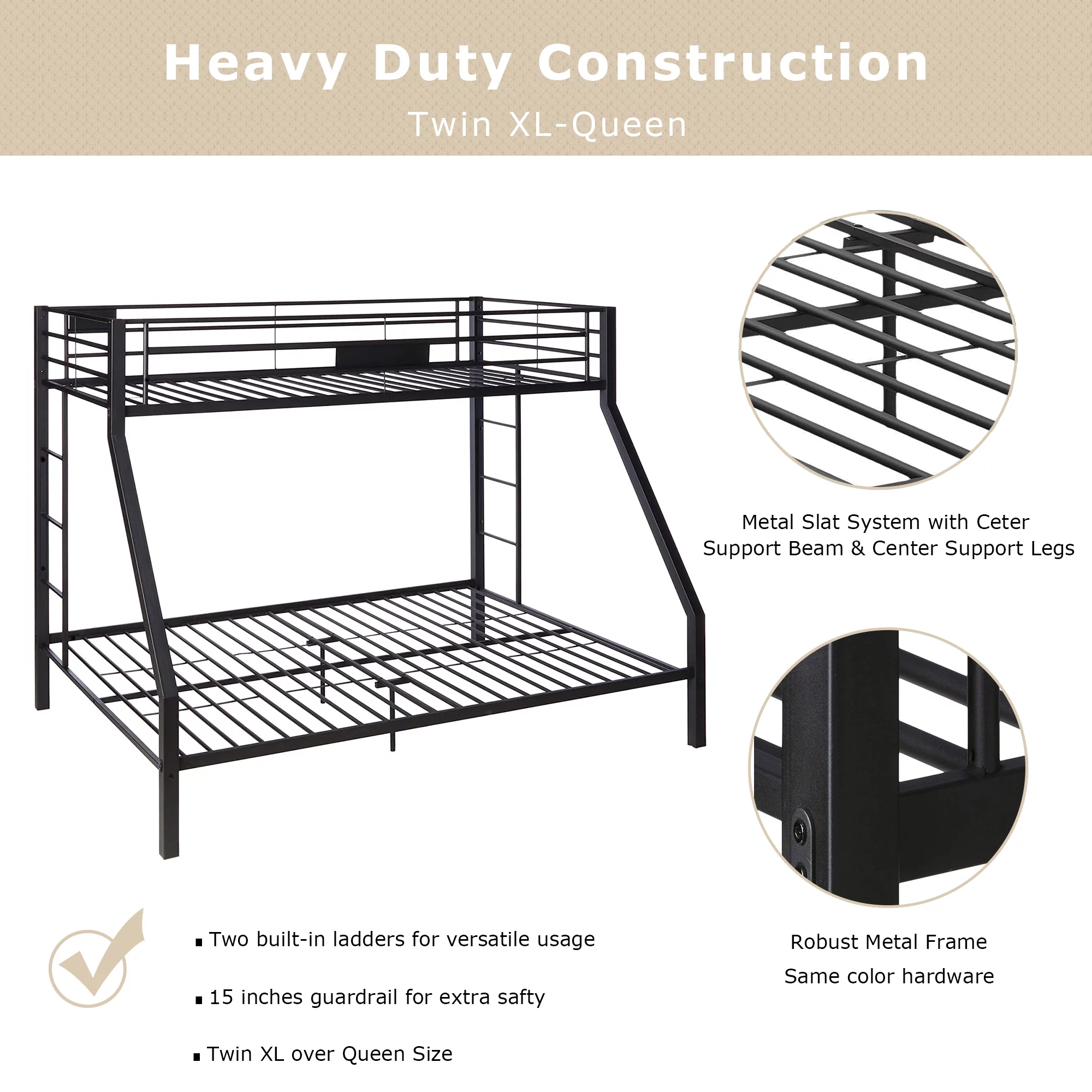 Metal Twin XL over Queen Bunk Bed with Two Side Ladders for Kids, Teens, Adults in Bedroom, Apartment, Dormitory (Black)