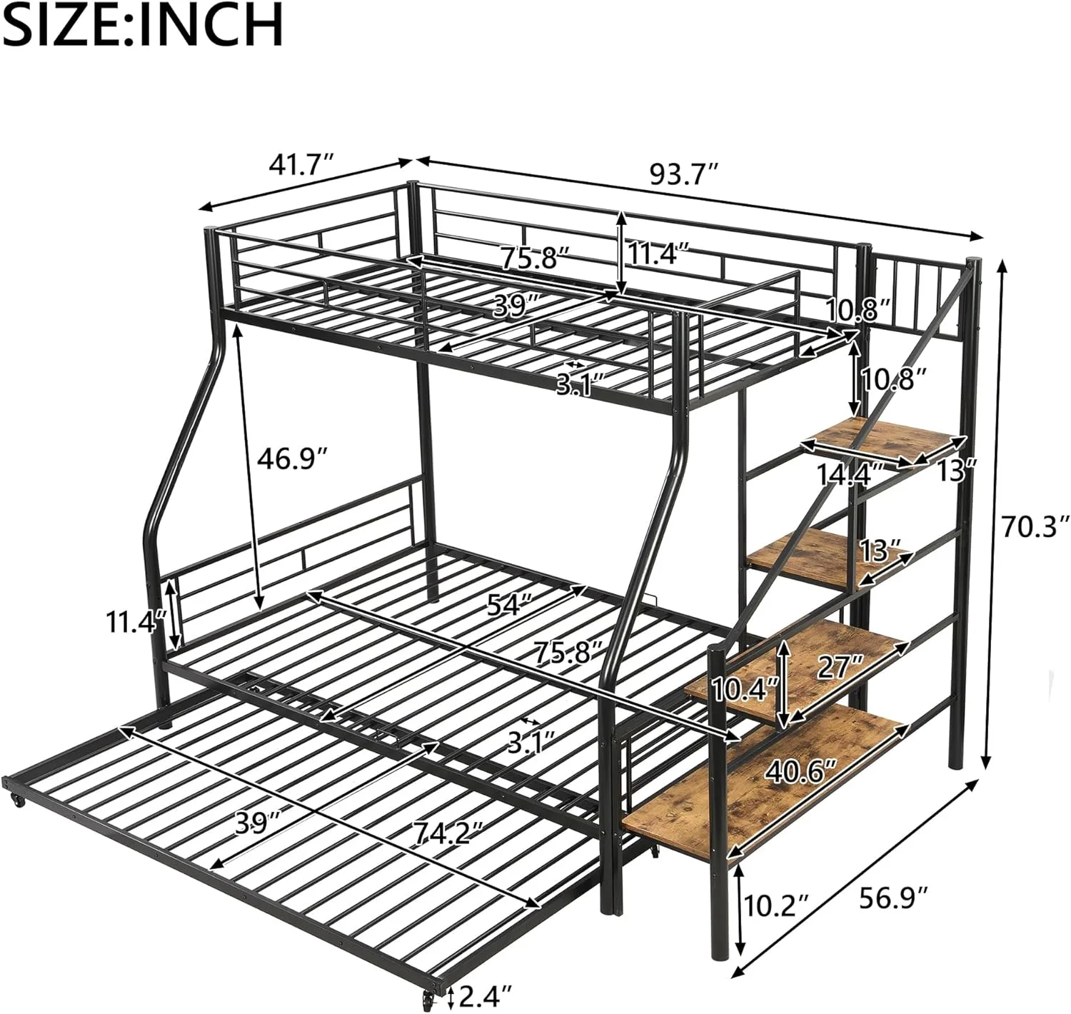 Over Full Bunk Bed With Trundle And Stairs, Metal Bunk Bed With Storage, Black