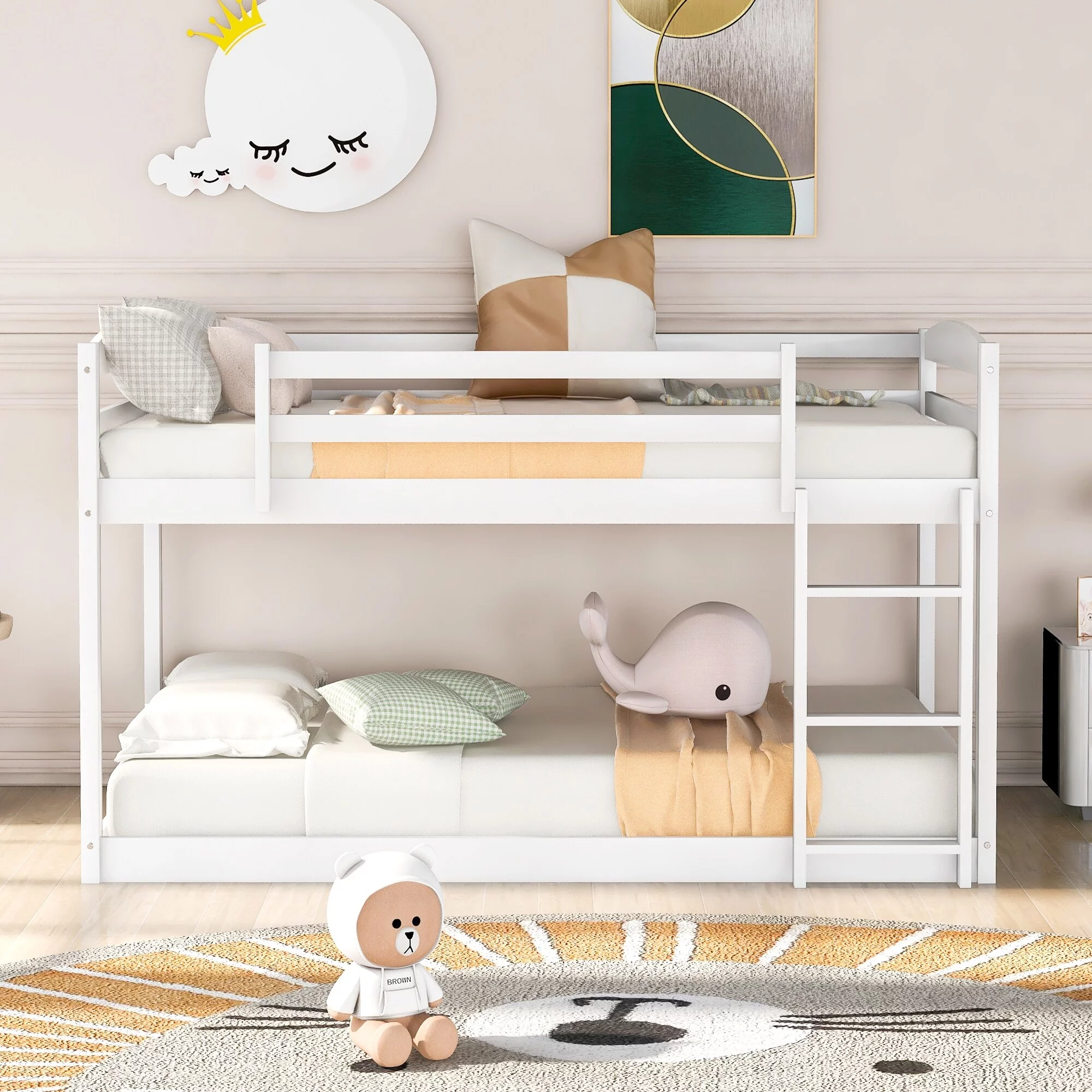 Nestfair  Twin over Twin Floor Bunk Bed with Ladder White