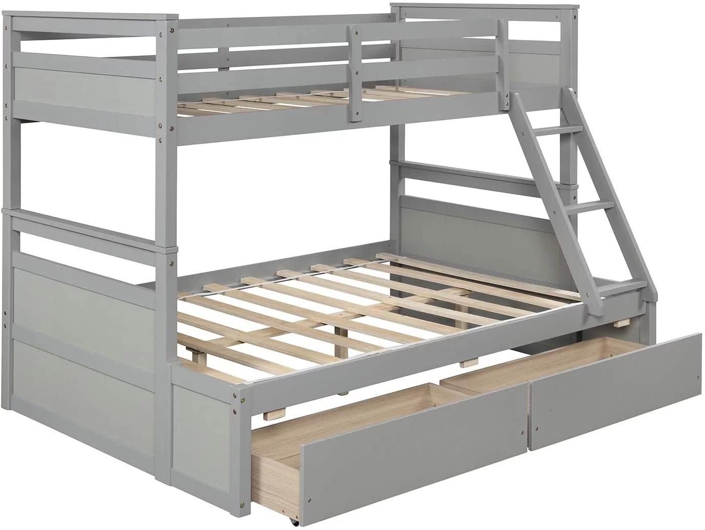 SOGES Solid Wooden Bunk Bed with Storage Drawers and Safety Guardrail for Kids, Gray