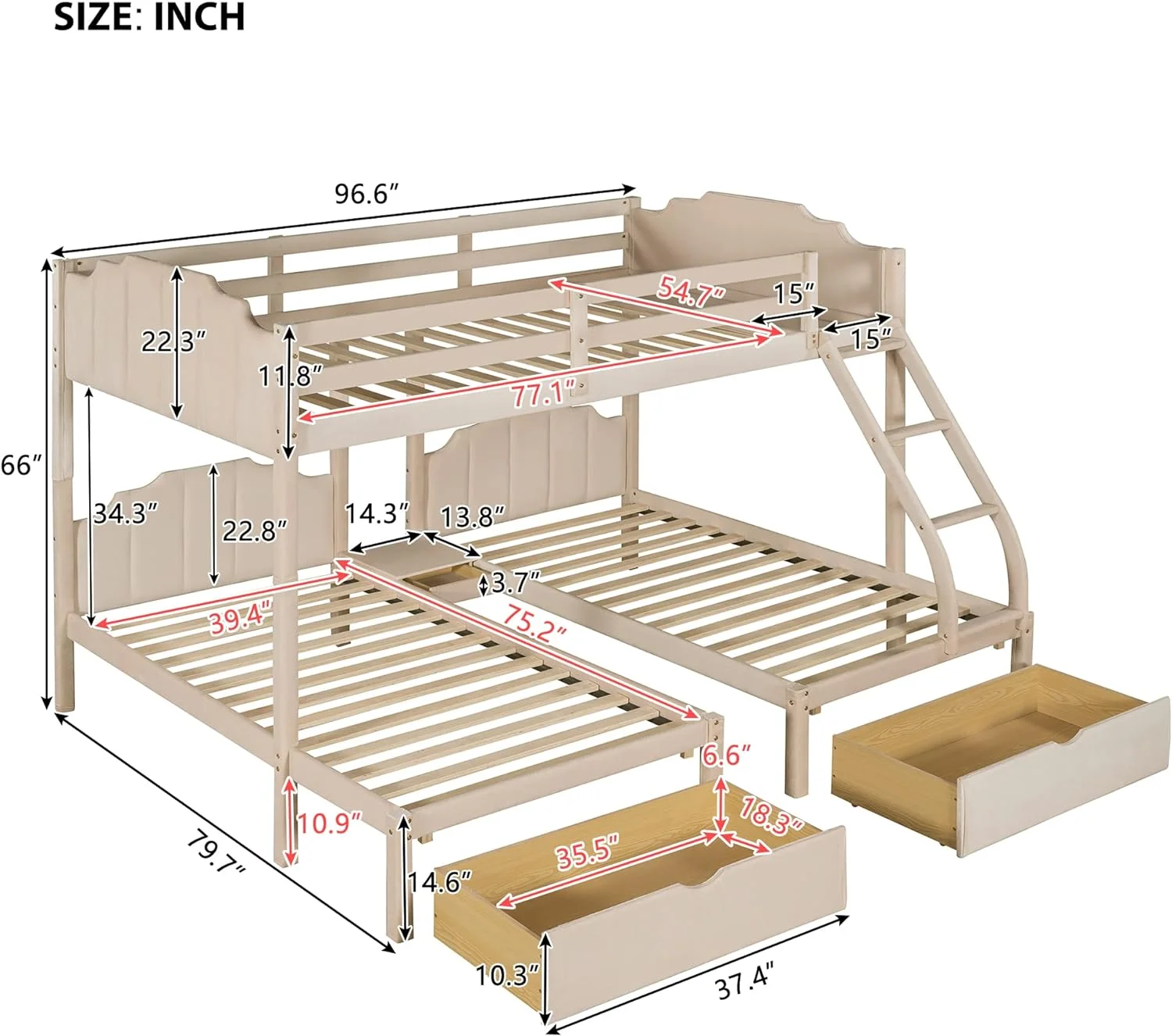 Triple Buk Beds With Storage Drawers, Full Over & Buk Bed For 3, Velvet Triple Bed With Guardrails Ad Built-I Agle Ladder For Boys Ad Girls, Beige