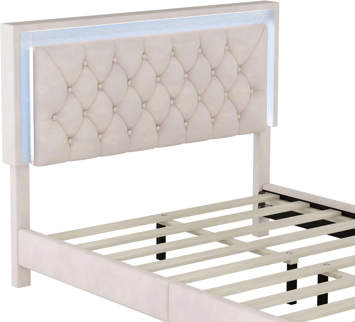 Full Size Upholstered Platform Bed with Crystal Tufted Headboard, Modern Velvet Bed Frame with LED Lights for Kids Boys Girls Teens Adult Bedroom, No Box Spring Required