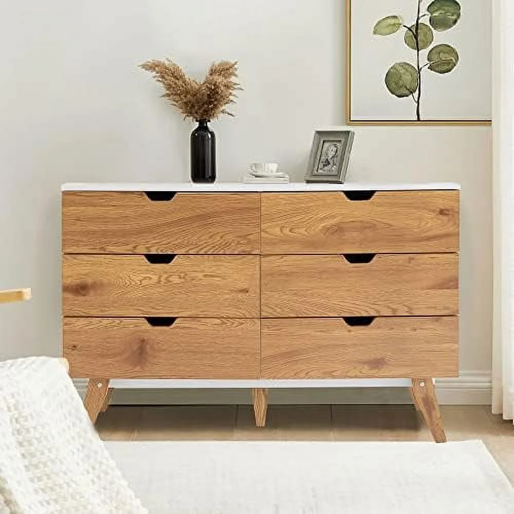 KHBIULIFE 6 Drawer Dresser Mid-Century Modern Dresser Wide 6 Chest of Drawers Wooden Cabinet for Entryway Bedroom Living Room Hallway