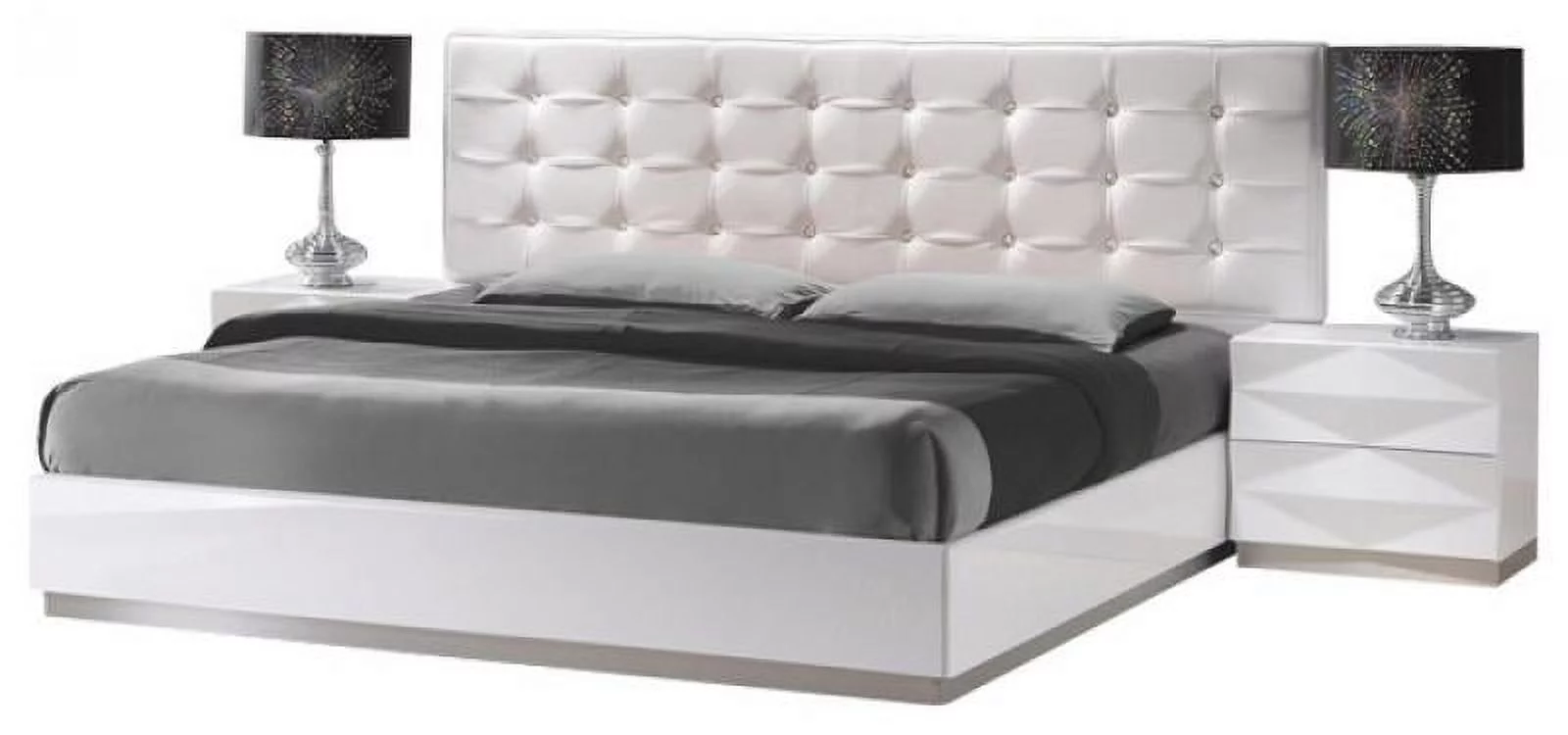 Modern White Lacquer & Premium Leather King Size Bedroom Set 3Pcs J&M Verona
