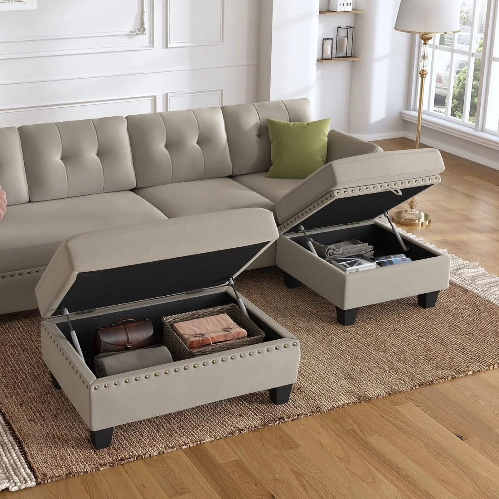 HONBAY Contemporary Velvet Convertible Sofa Bed Sleeper Sofa Couch with Storage and Reversible Chaises for Living Room, Peal Grey