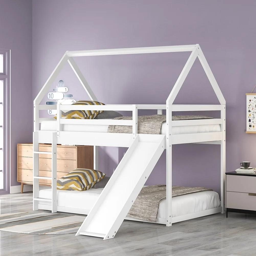 LivEditor Modern Twin Size Bunk House Bed with Slide and Ladder White
