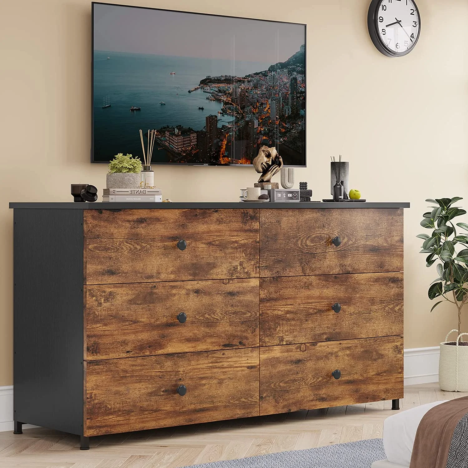 6 Drawer Double Dresser, Wooden Dresser with Heavy Sturdy Steel Frame, Large Capacity Chest of Drawers, Rustic Brown