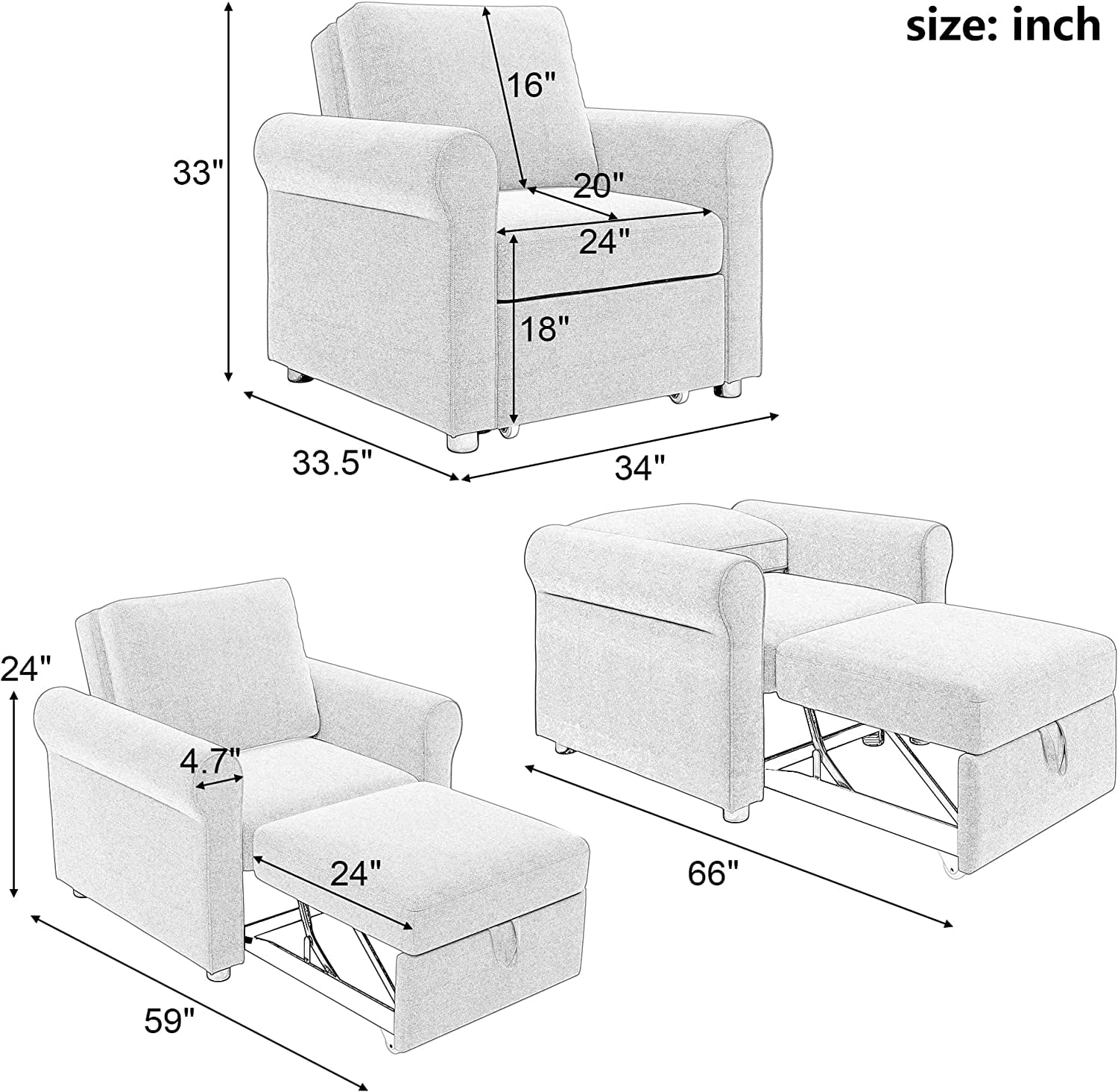 Pull Out Sleeper Chair Convertible Chair To Bed 3-In-1 Single Sofa Bed, Dark Blue
