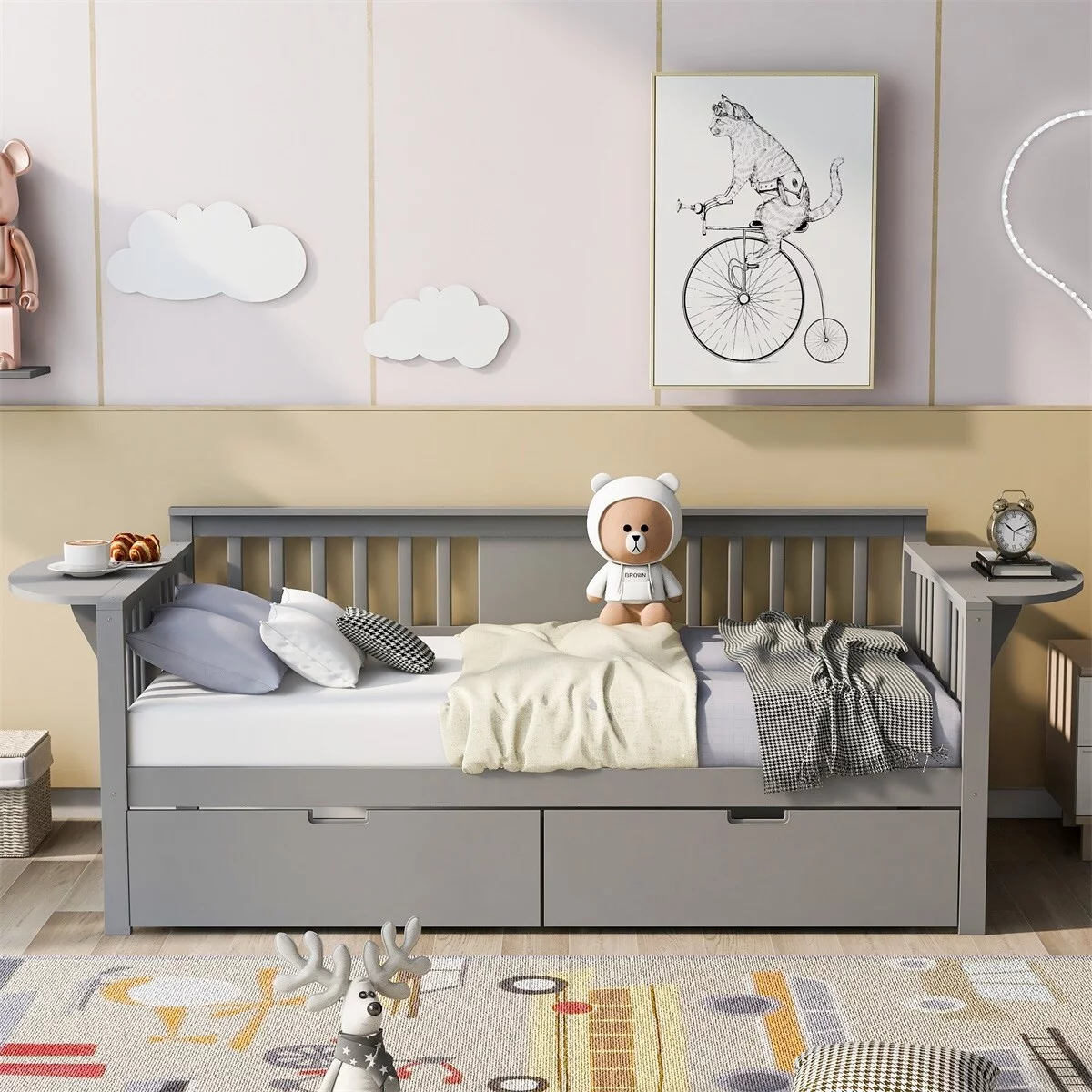 MERAX Twin/Full Daybed with Two Drawers, Wood Slat Support Grey Twin